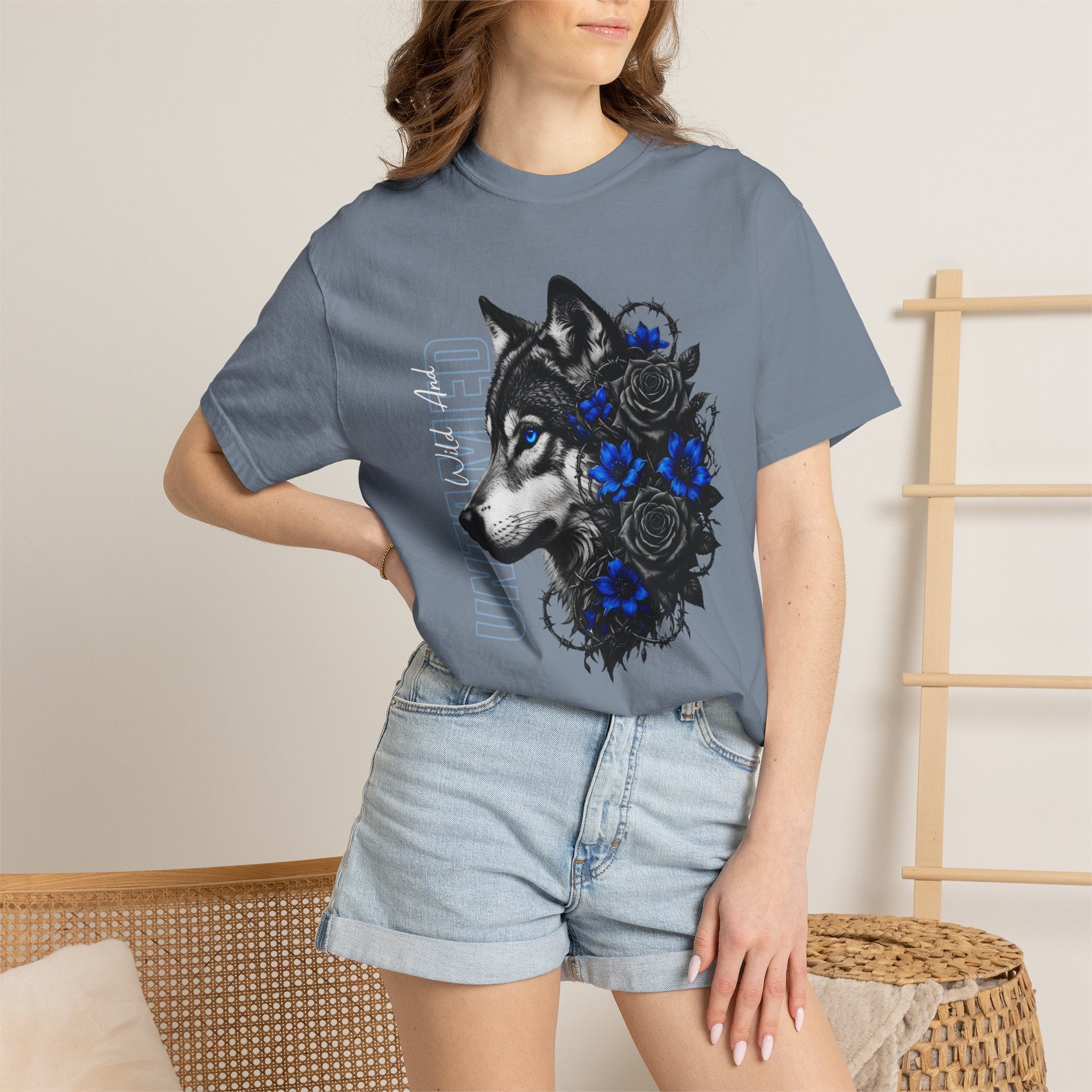 Wolf Floral T-Shirt — "Untamed" Graphic Tee with Blue & Black Roses. Midnight Eye, LLC.
