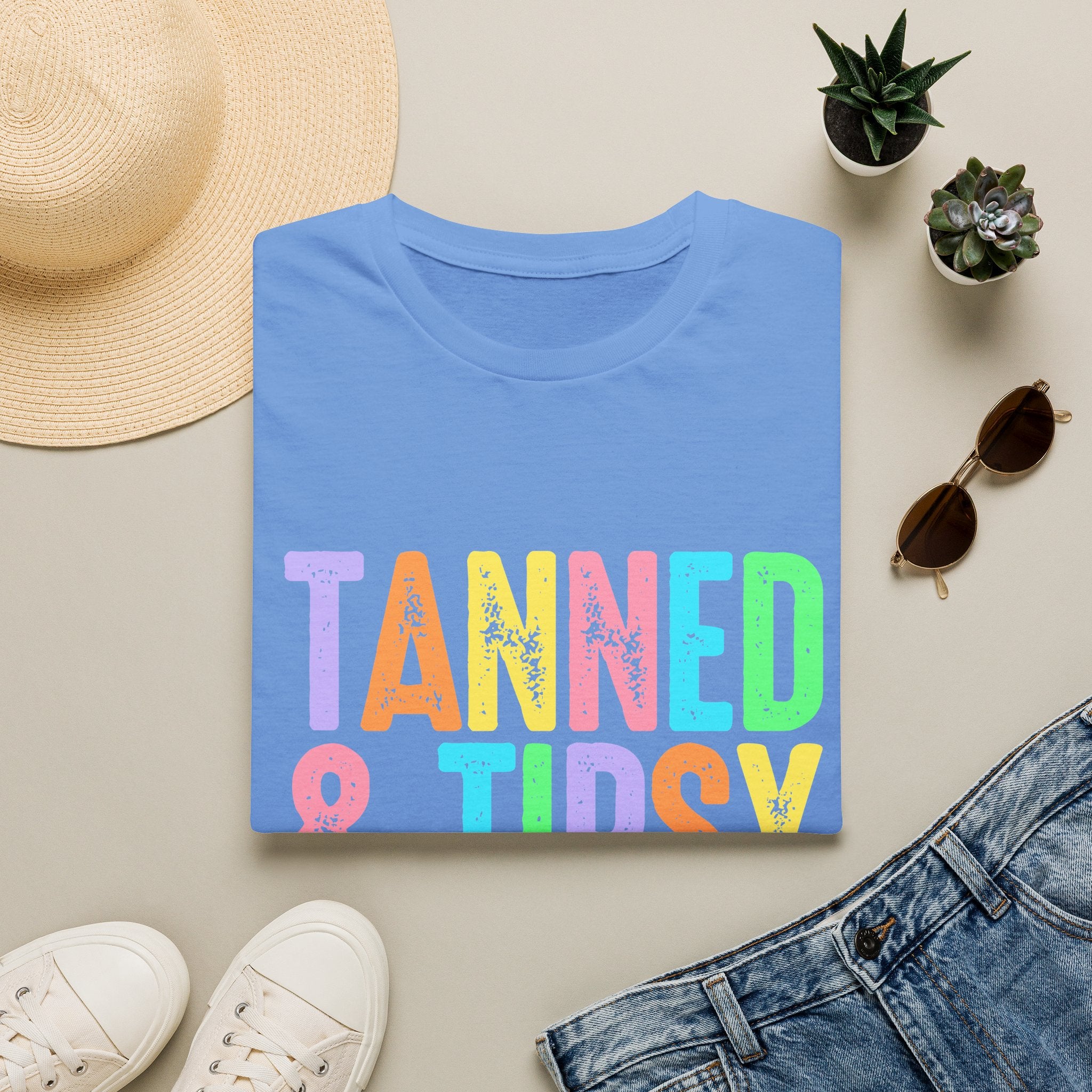 Tanned & Tipsy Beach Vacation T-Shirt - Colorful Vacation T-Shirt - Funny Summer Tee. Midnight Eye, LLC.