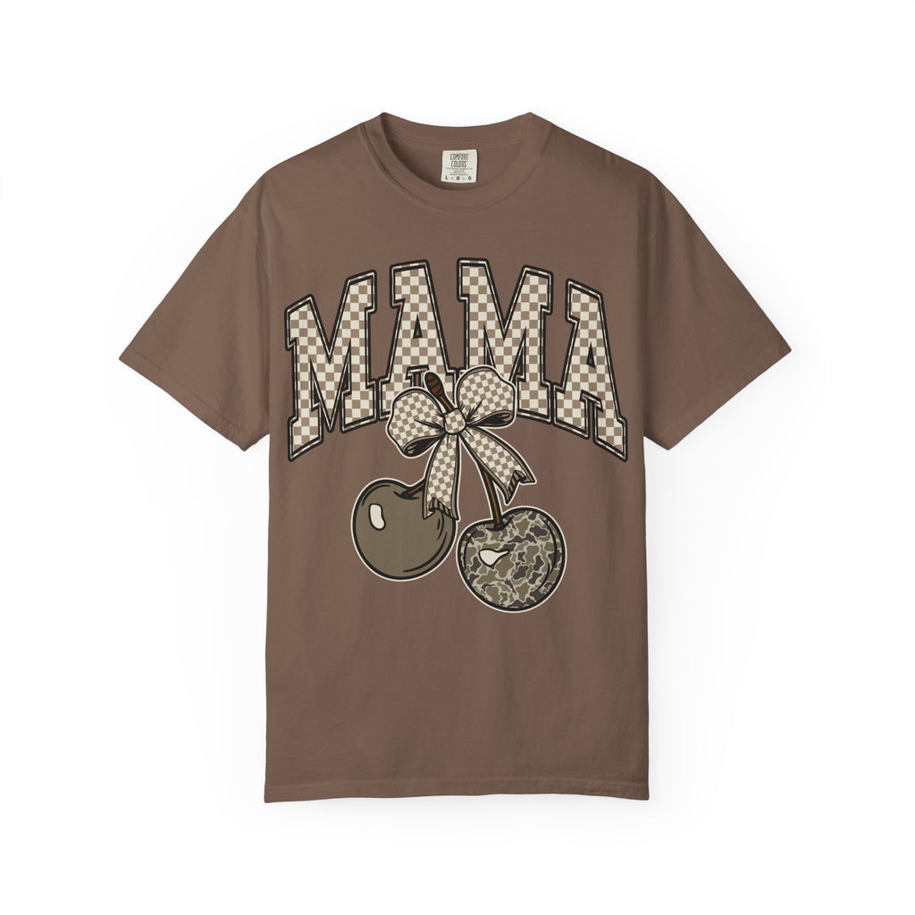 Mama Cherry Graphic T-Shirt — Retro Checkerboard Cherry Design. Midnight Eye, LLC