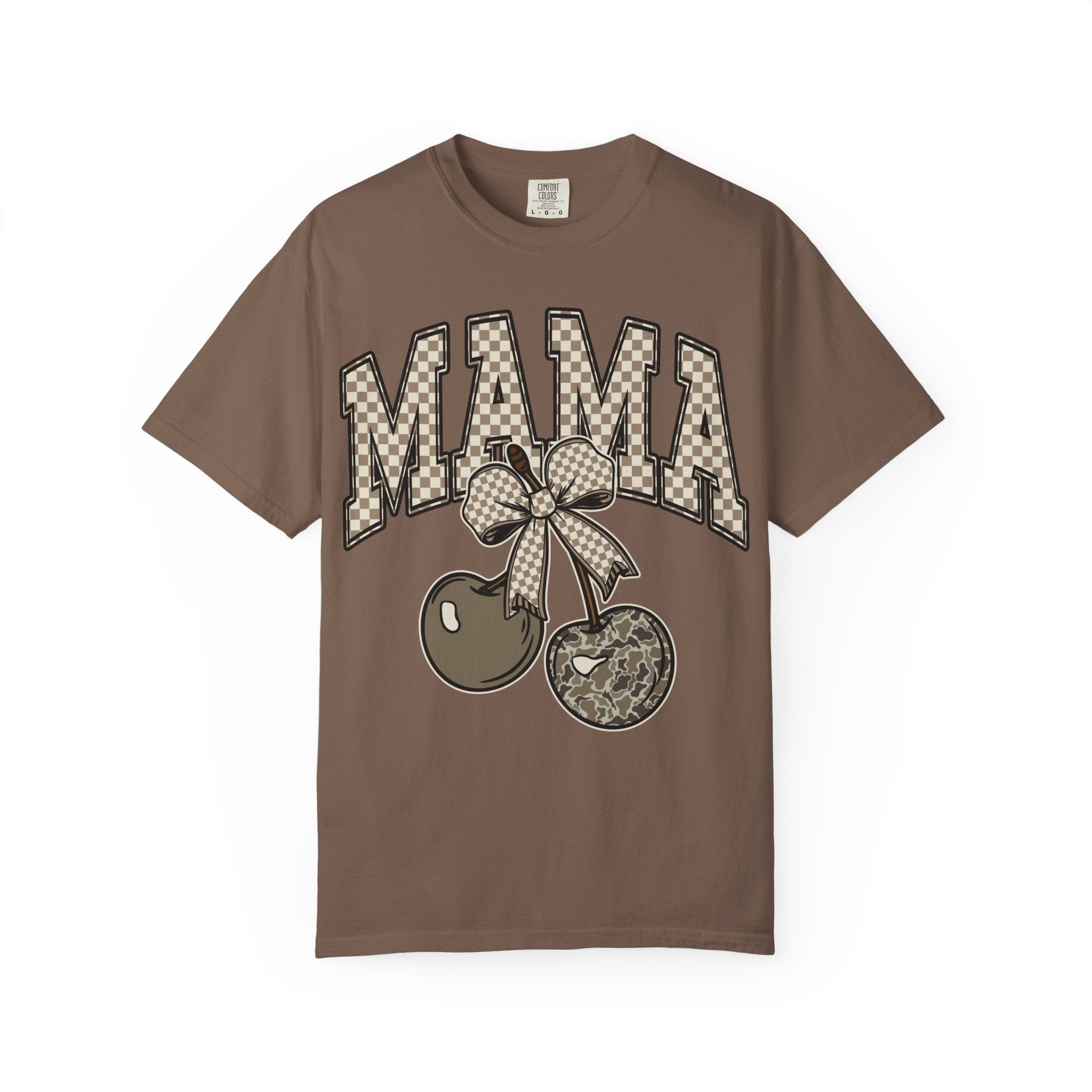 Mama Cherry Graphic T-Shirt — Retro Checkerboard Cherry Design. Midnight Eye, LLC