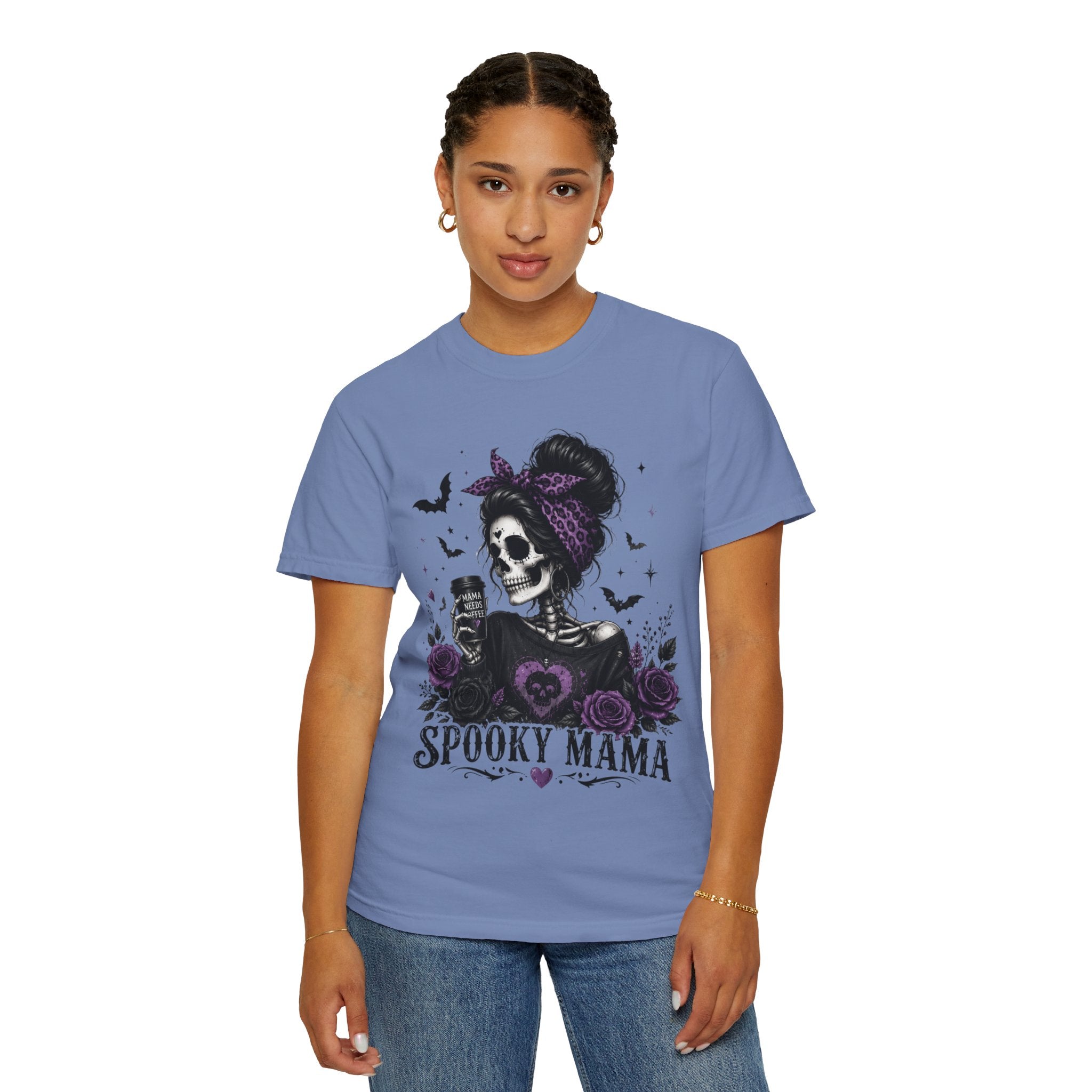 Spooky Mama T-Shirt — Gothic Skull  and Bats Mom Tee with Purple Roses. Midnight Eye, LLC. 