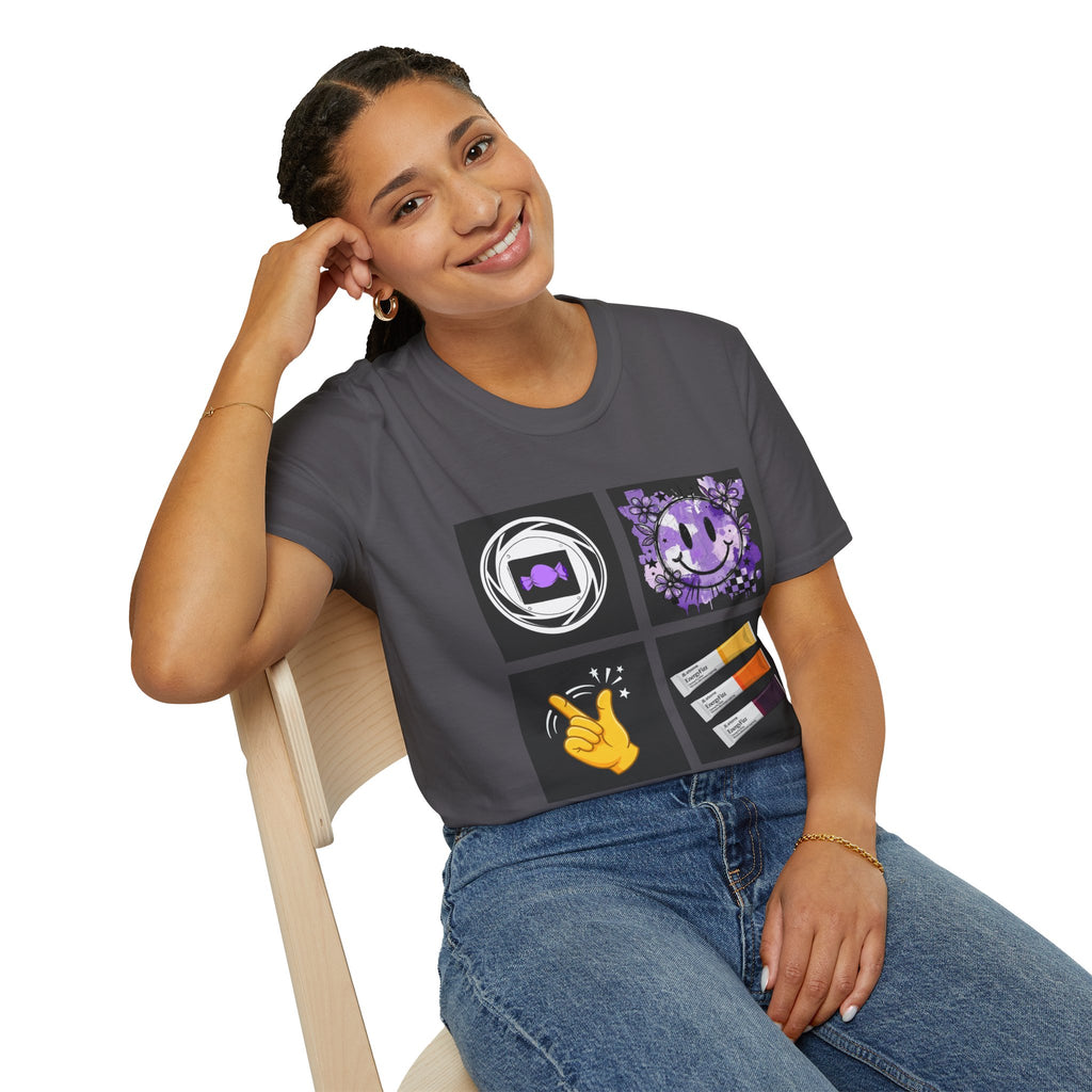 Women's Tee — Retro Purple Icons: Smiley, Peace Sign & Cassette Graphic - Midnight Eye, LLC