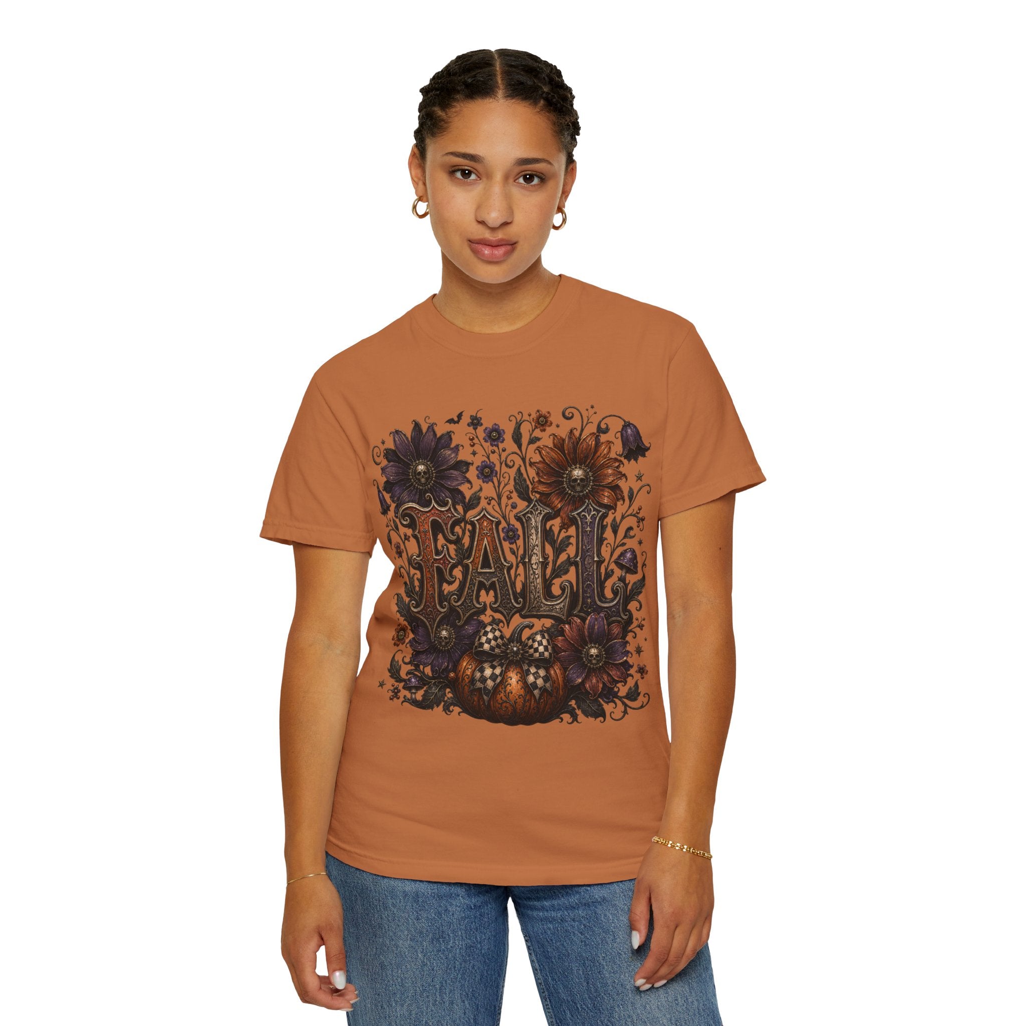 Fall Floral Pumpkin Long Sleeve Tee - Whimsical Goth Floral Fall Graphic T-Shirt. midnight Eye, LLC