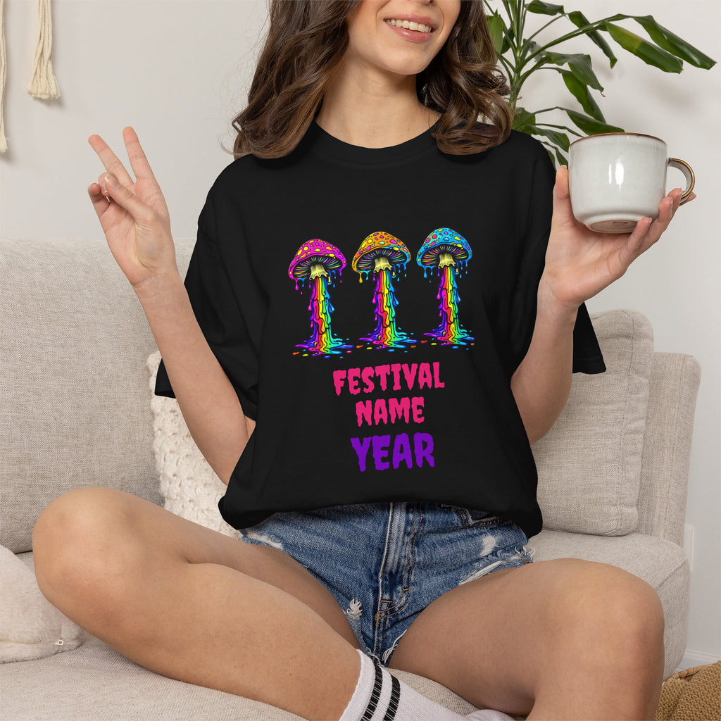 Personalized Rave Mushroom T-Shirt – Festival Tee. Enter Text and Year of Your Festival - Midnight Eye, LLC
