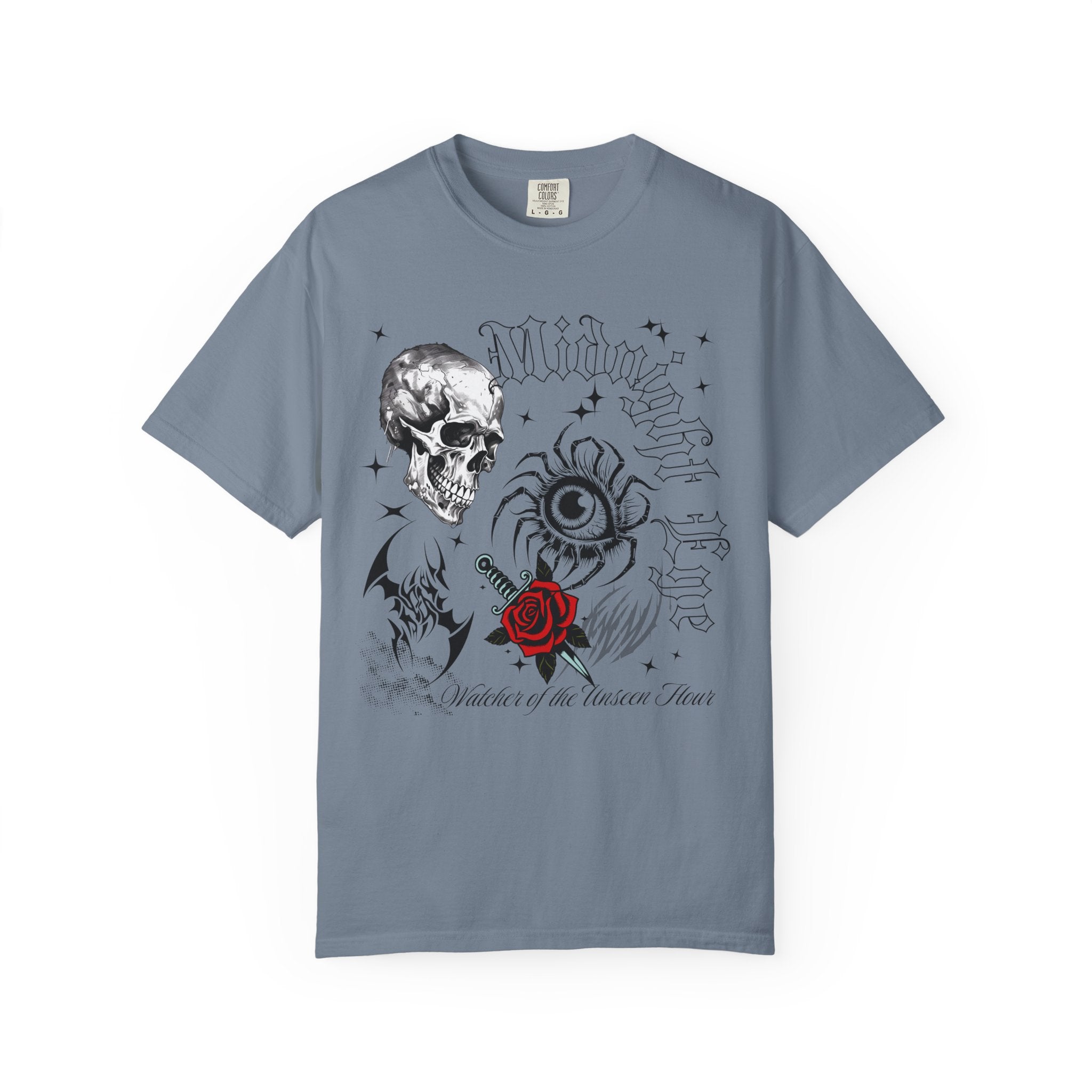 Skull, Red Rose & Eye Tattoo Art T-Shirt — Gothic Streetwear Tee. Midnight Eye, LLC