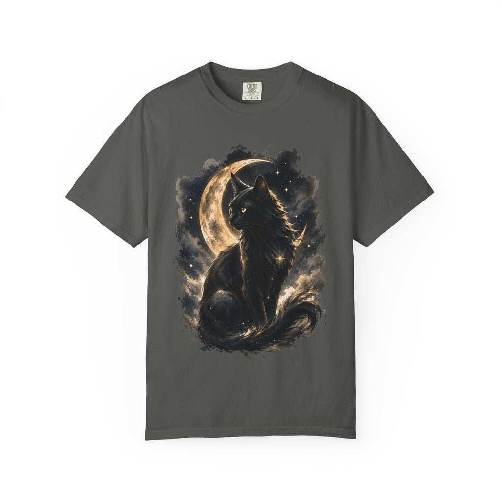 Black Cat Mystical Moon Graphic T-Shirt - Gothic Black Roses Tee