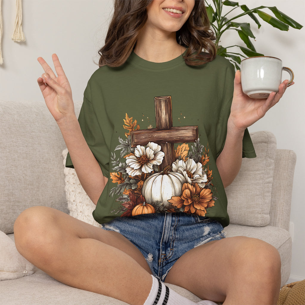 Faithful Fall Cross T-Shirt — Pumpkin & Floral Autumn Christian Tee. Midnight Eye, LLC