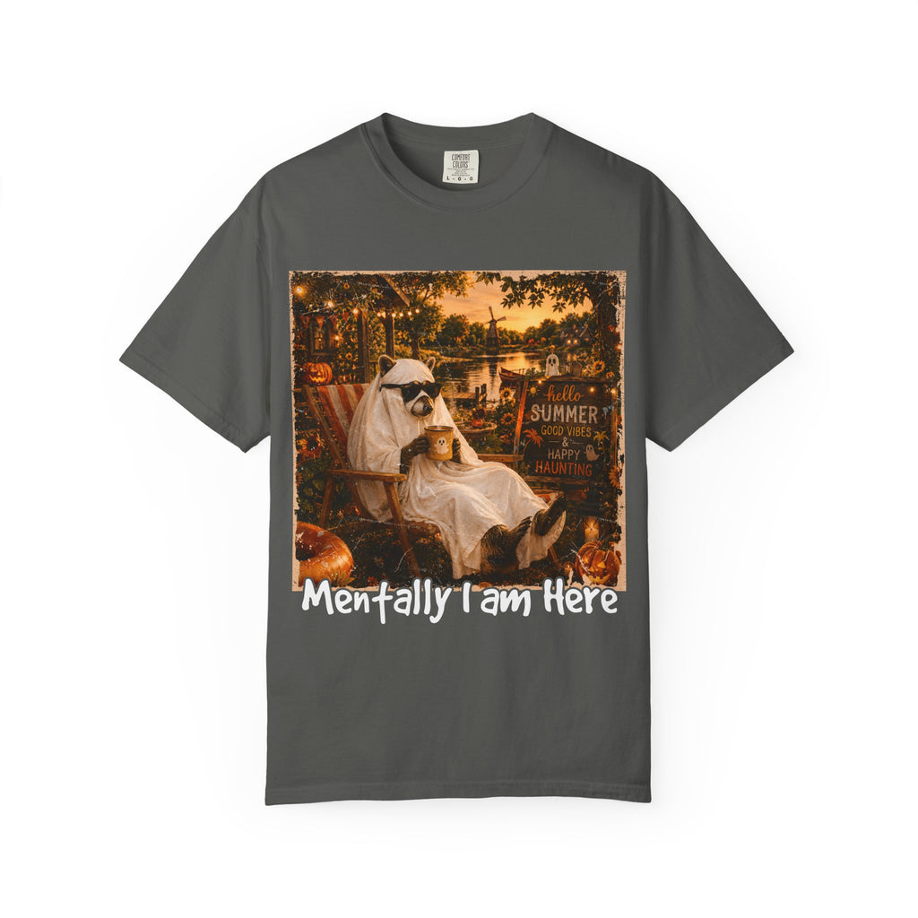 Mentally I Am Here Beach Racoon T-Shirt - Ghost Racoon Summerween Tee