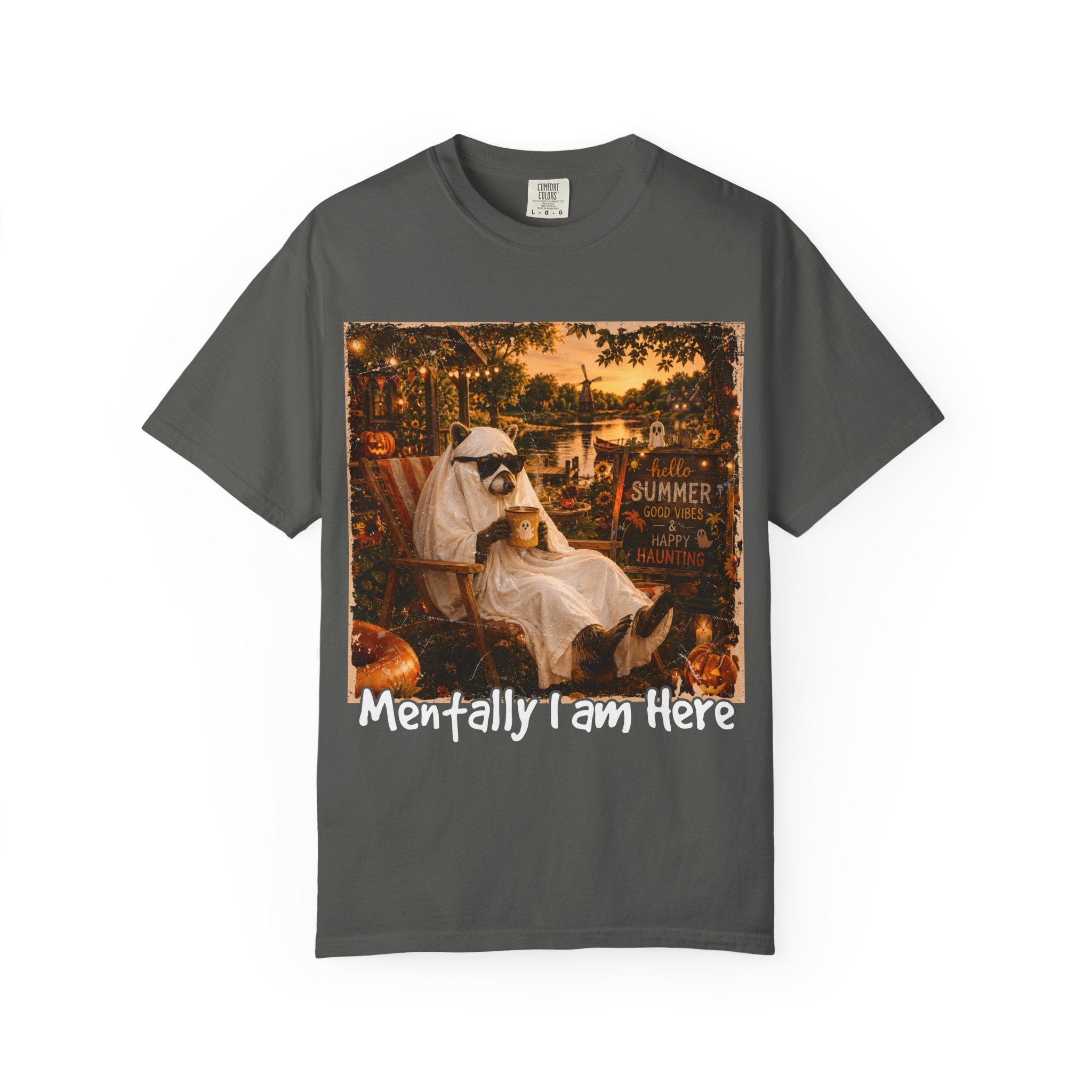 Mentally I Am Here Beach Racoon T-Shirt - Ghost Racoon Summerween Tee