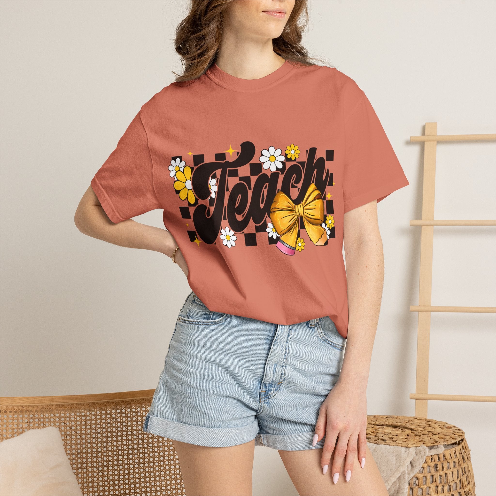 Teacher Floral Bow T-Shirt — 'Teach' Checkerboard Design
