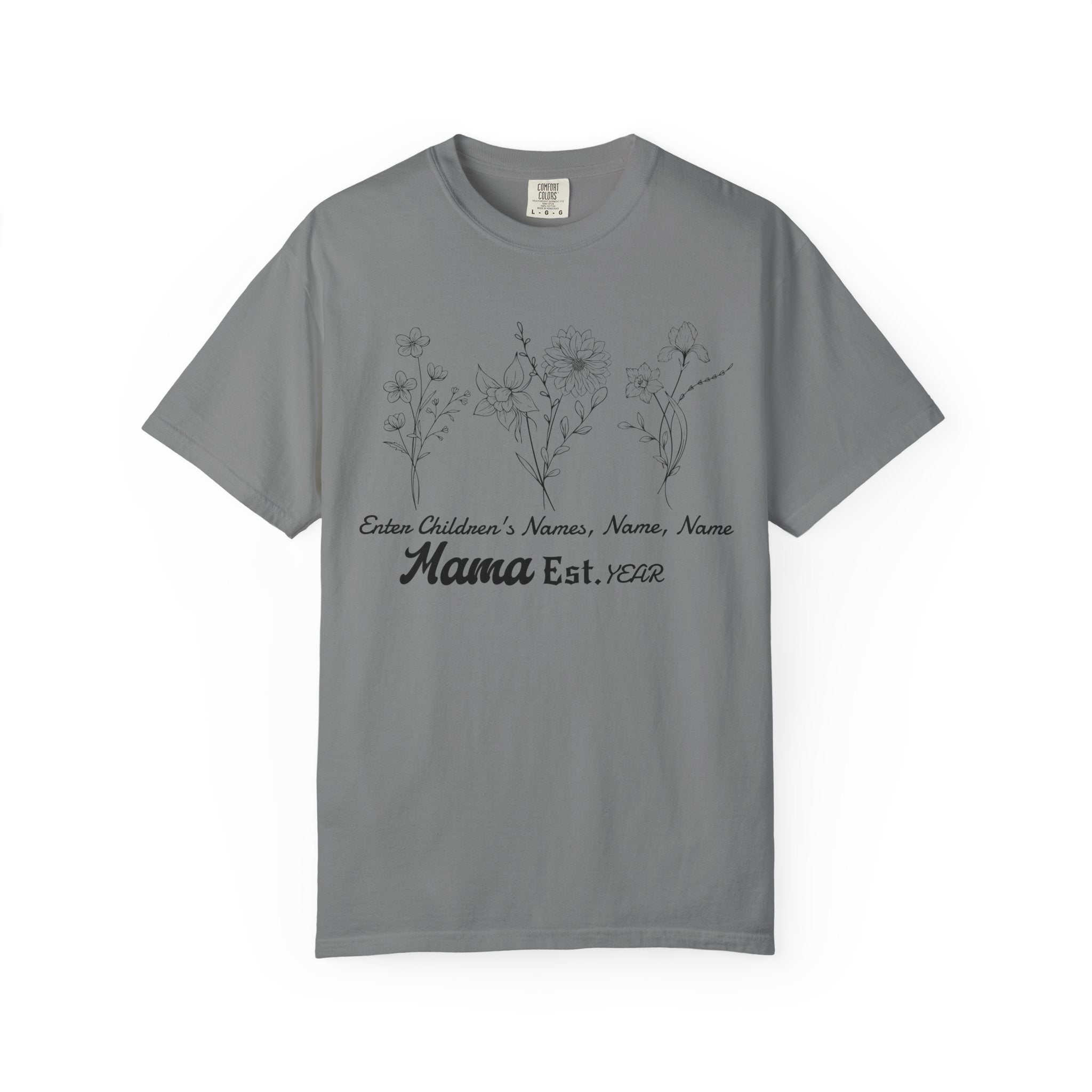 Mama Est. Personalized Floral T-Shirt — Child Name & Birth Year Tee