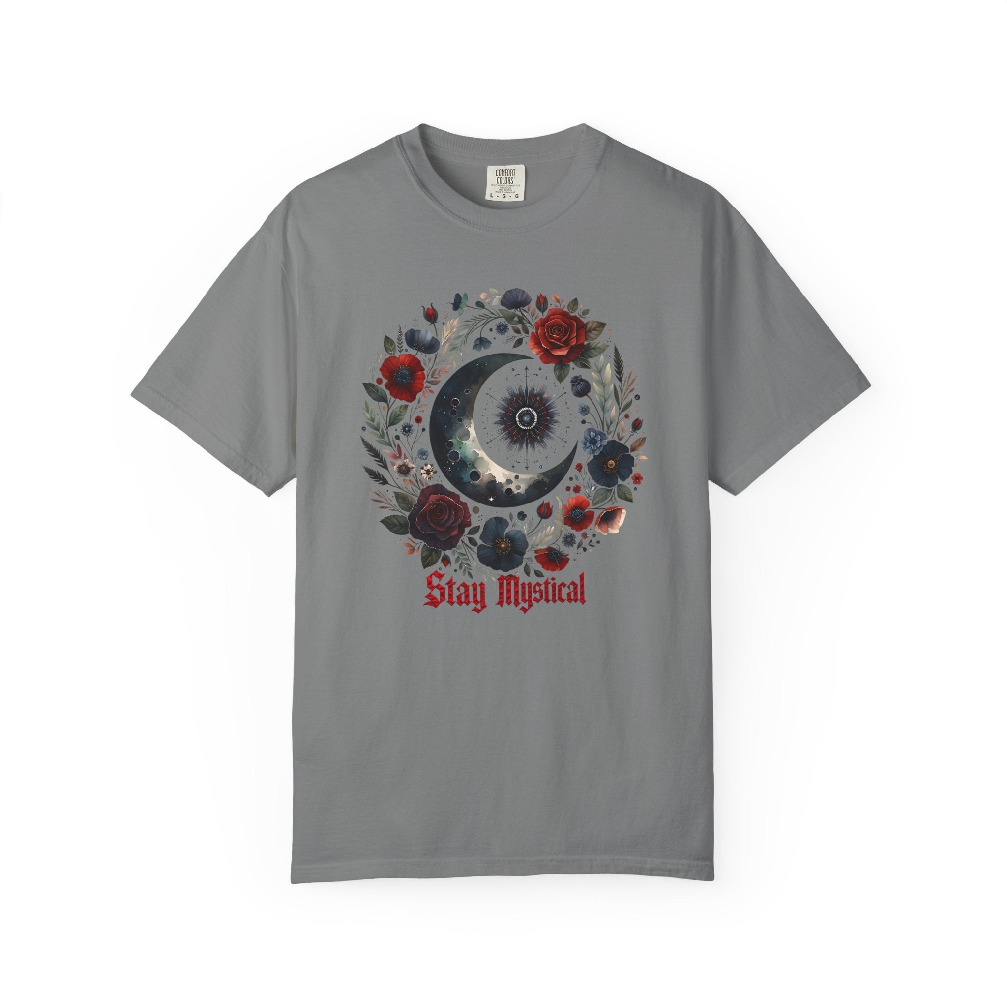 Mystical Moon T-Shirt — “Stay Mystical” Floral Crescent Tee - Dark Aesthetic T-Shirt - Midnight Eye, LLC