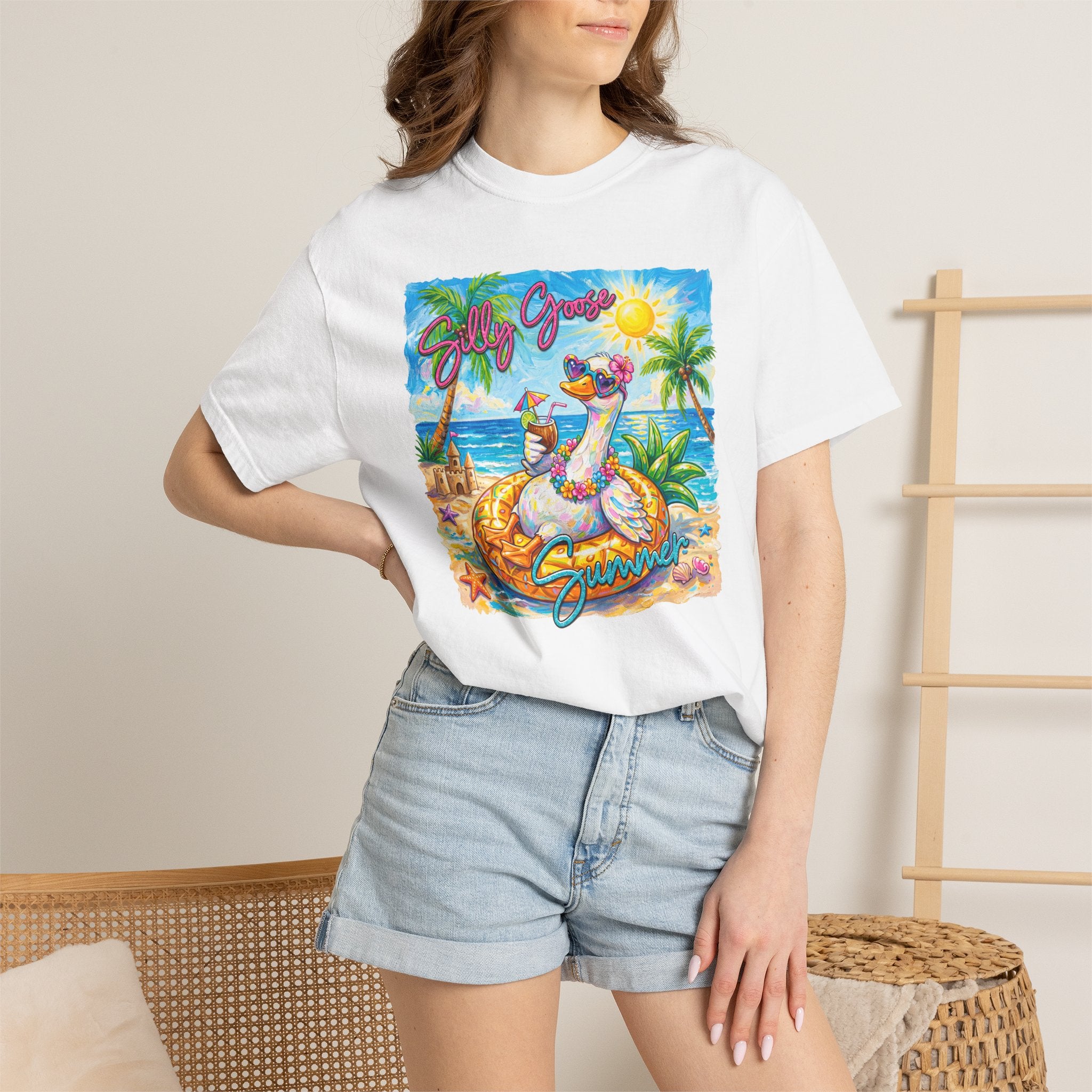 Silly Goose Summer T-Shirt - Colorful Summer Girl Tee - Beach Tee - Tropical T-Shirt - Midnight Eye, LLC