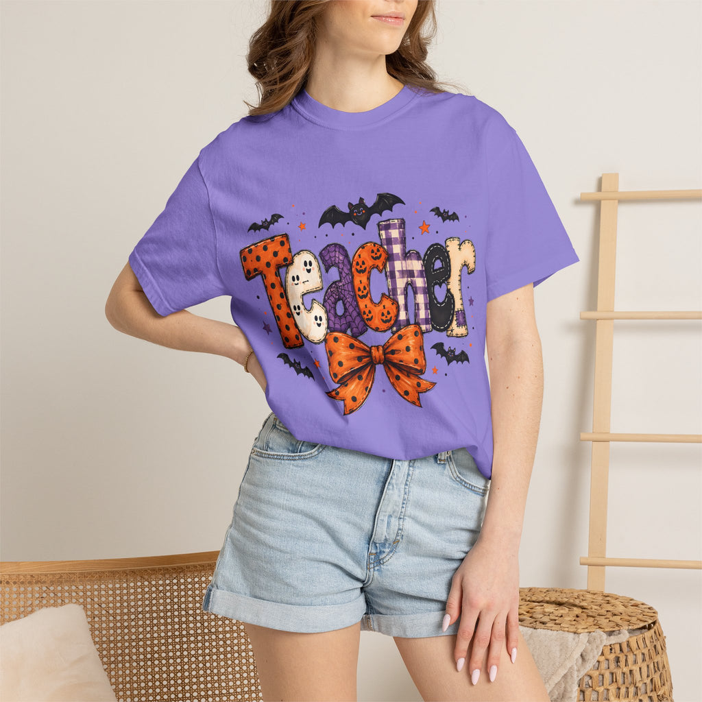 Teacher Halloween T-Shirt — Cute Spooky 'Teacher' Design with Bats & Bow. Midnight Eye, LLC