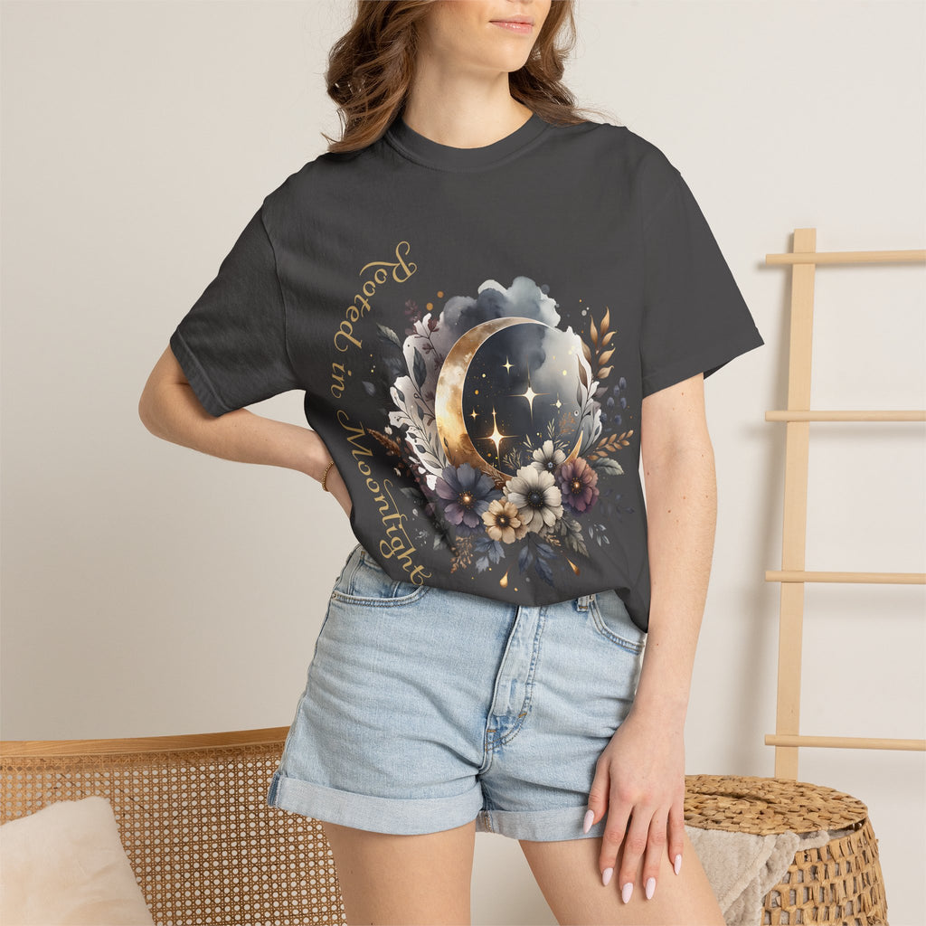Moonlight Blooms T-Shirt — 'Rooted in Moonlight' Floral Crescent Moon Tee
