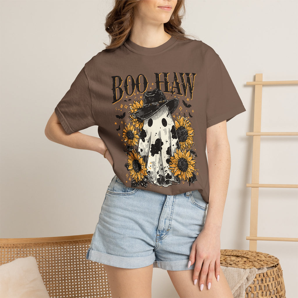 Boo Haw T-Shirt — Halloween Ghost with Cowboy Hat & Sunflowers. Midnight Eye, LLC
