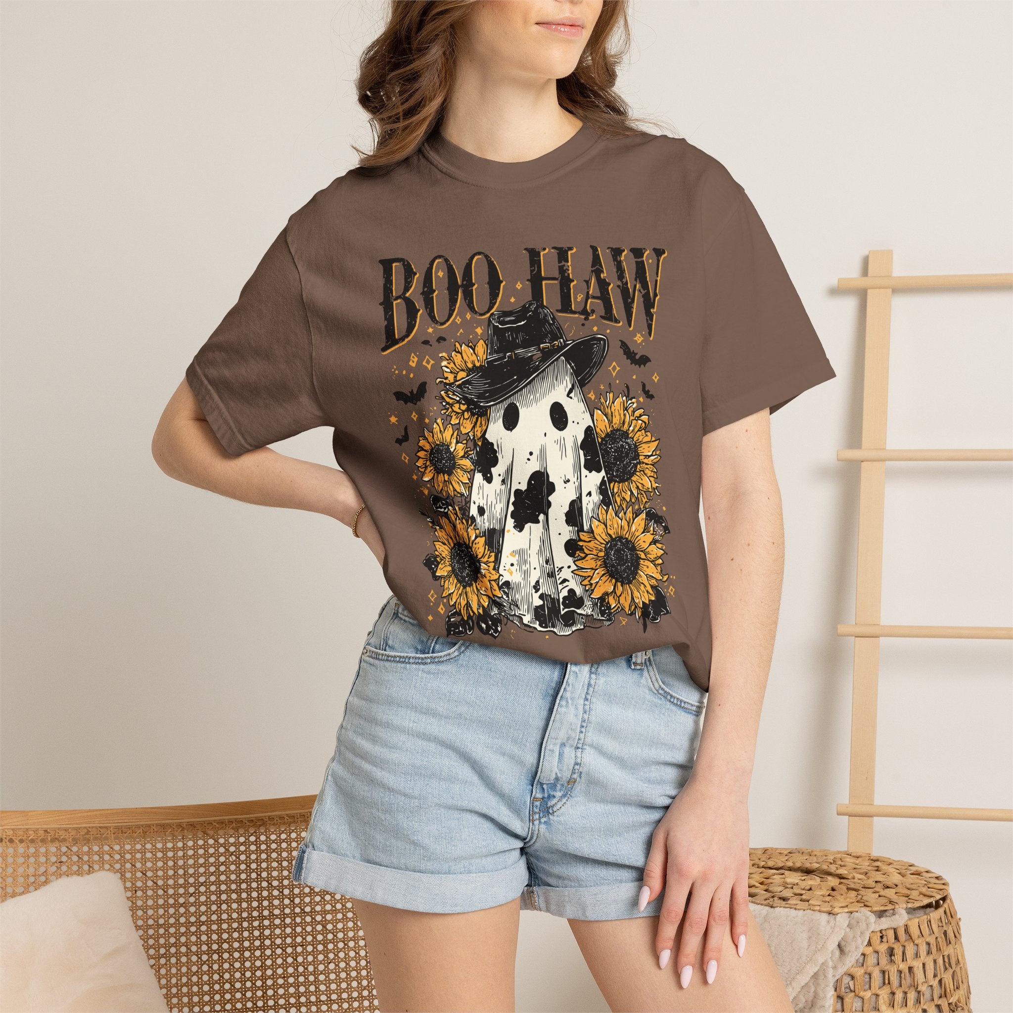 Boo Haw T-Shirt — Halloween Ghost with Cowboy Hat & Sunflowers. Midnight Eye, LLC