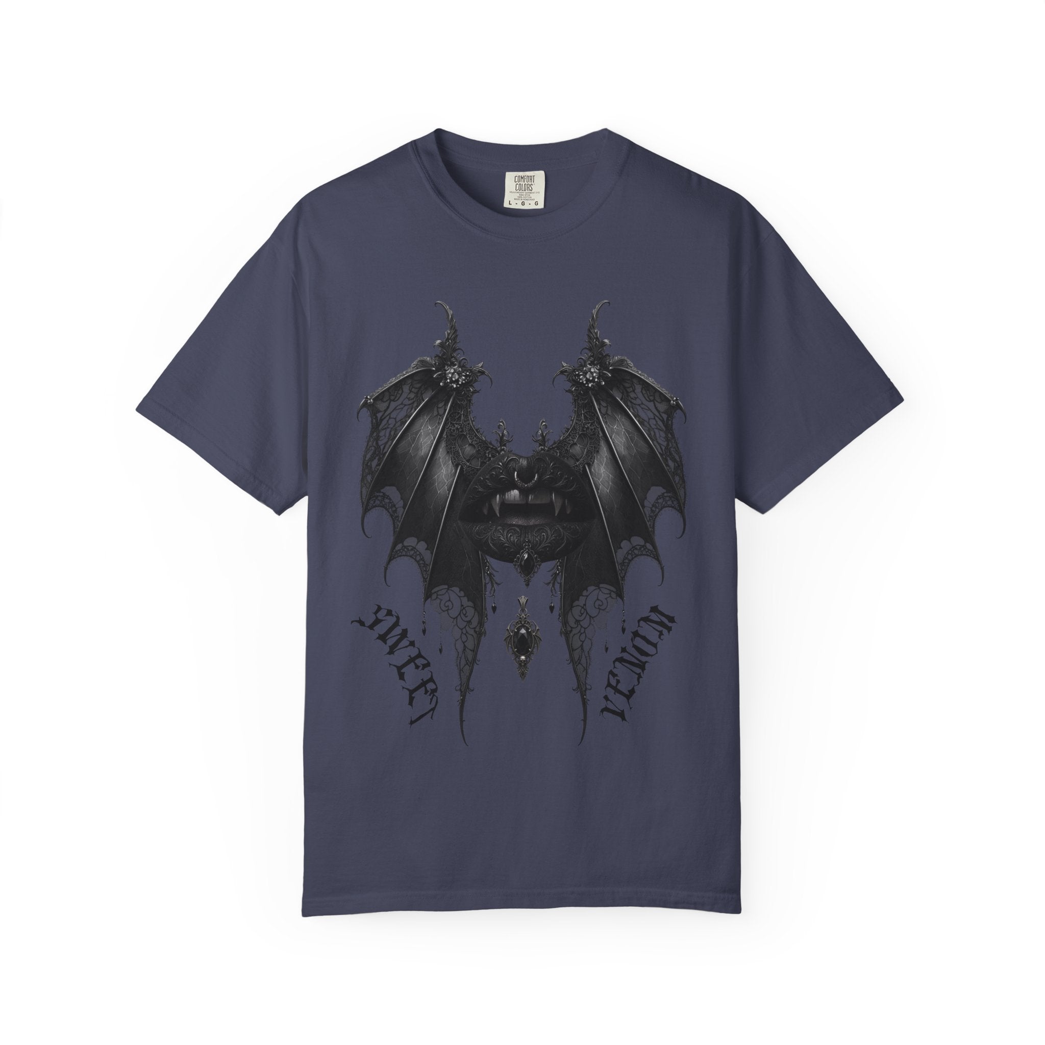 Gothic Bat Wings and Black Vampire Lips Graphic T-shirt - Gothic Black Lips Tee. Midnight Eye, LLC