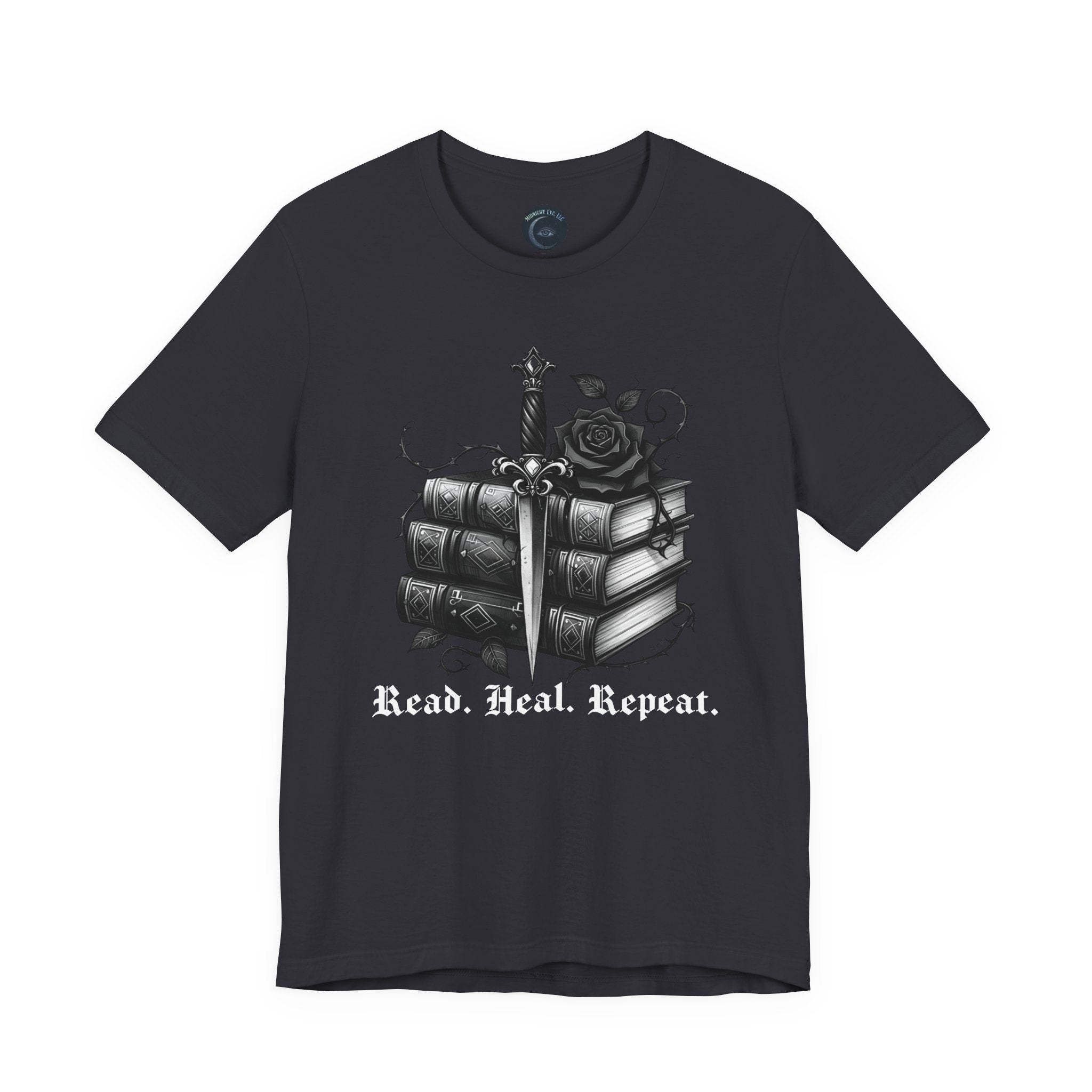Read. Heal. Repeat. Gothic Book, Rose & Dagger T-Shirt. Books Tee. Midnight Eye, LLC.