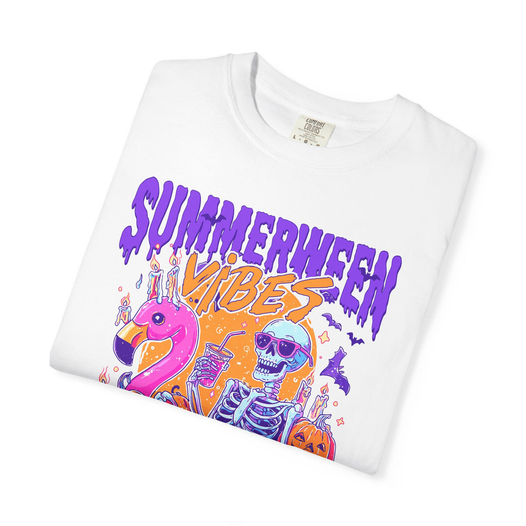 Summerween Vibes T-Shirt — Flamingo Pool Skeleton Halloween in Summer Tee - Midnight Eye, LLC