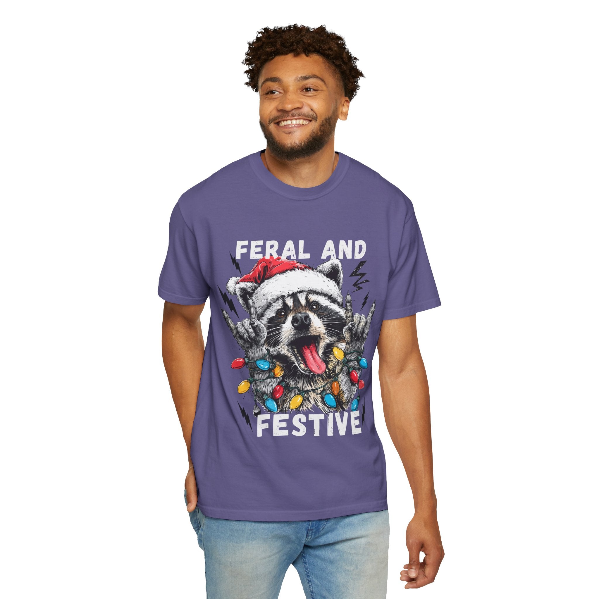 Feral and Festive Funny Raccoon Christmas T-Shirt - Racoon Graphic T-Shirt