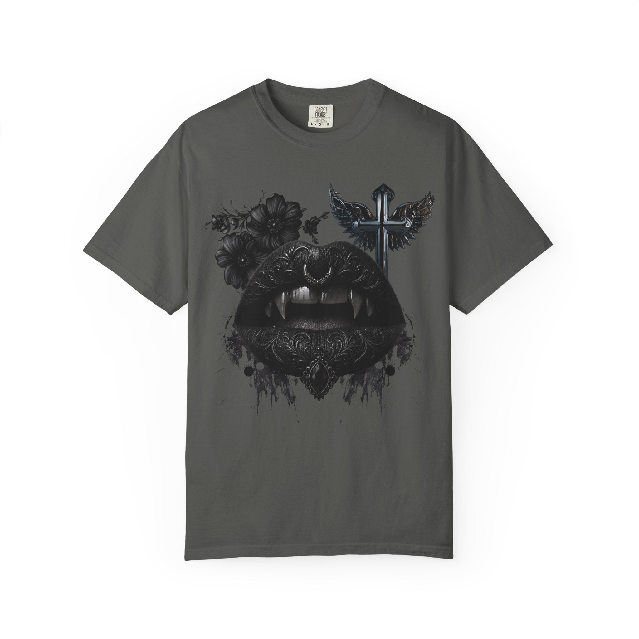Vampire Black Lips Graphic T-Shirt - Gothic Black Lips and Fangs tee - Dark Aesthetic Tee. midnight Eye, LLC