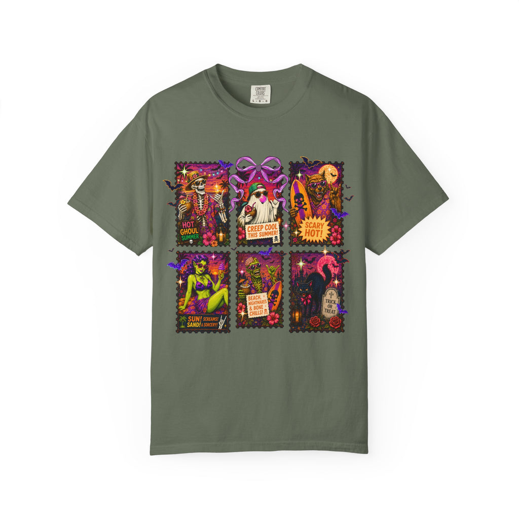 Halloween Witch Postage Stamp T-Shirt — Vintage Spooky Pin-Up Graphic Tee. Midnight Eye, LLC