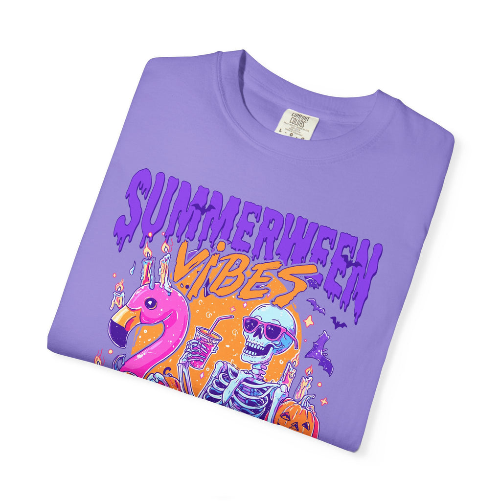 Summerween Vibes T-Shirt — Flamingo Pool Skeleton Halloween in Summer Tee - Midnight Eye, LLC