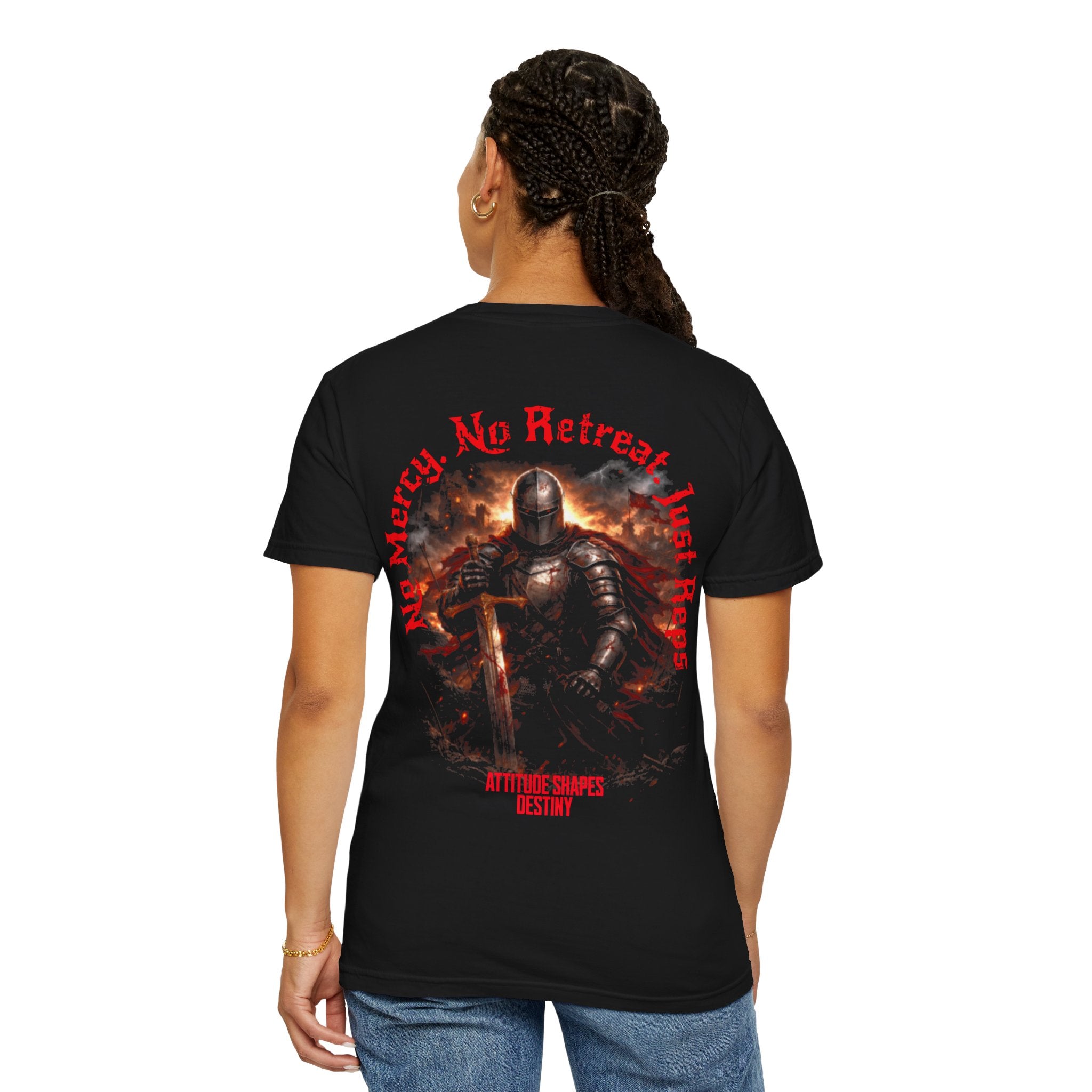 Knight Graphic T-Shirt — 'No Mercy, No Retreat, Just Reps' Design - Inspirational Tee - Workout Tee - Midnight Eye, LLC