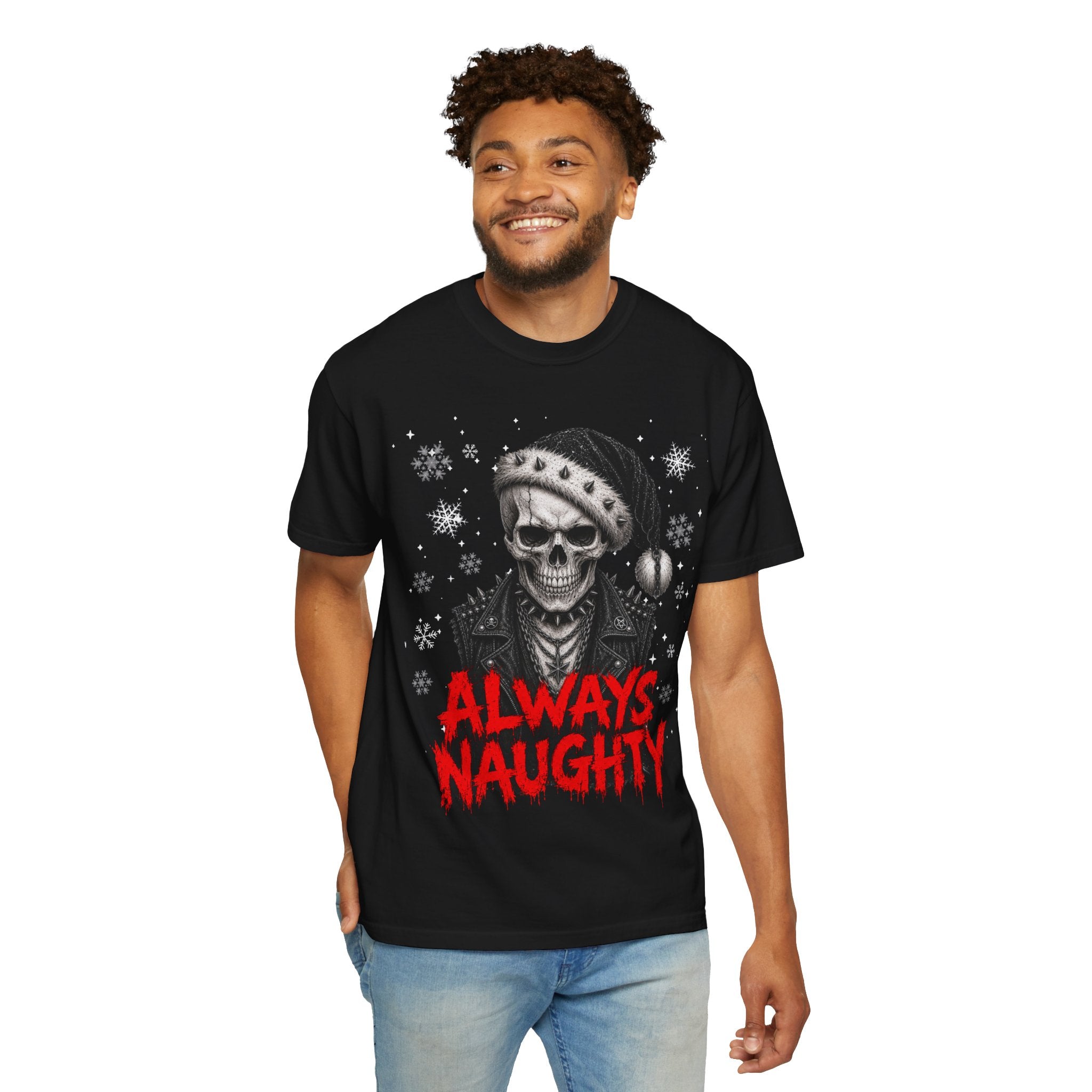 Skull with Santa Hat “Always Naughty” T-Shirt - Alternative & Gothic Christmas Tee. Midnight Eye, LLC A