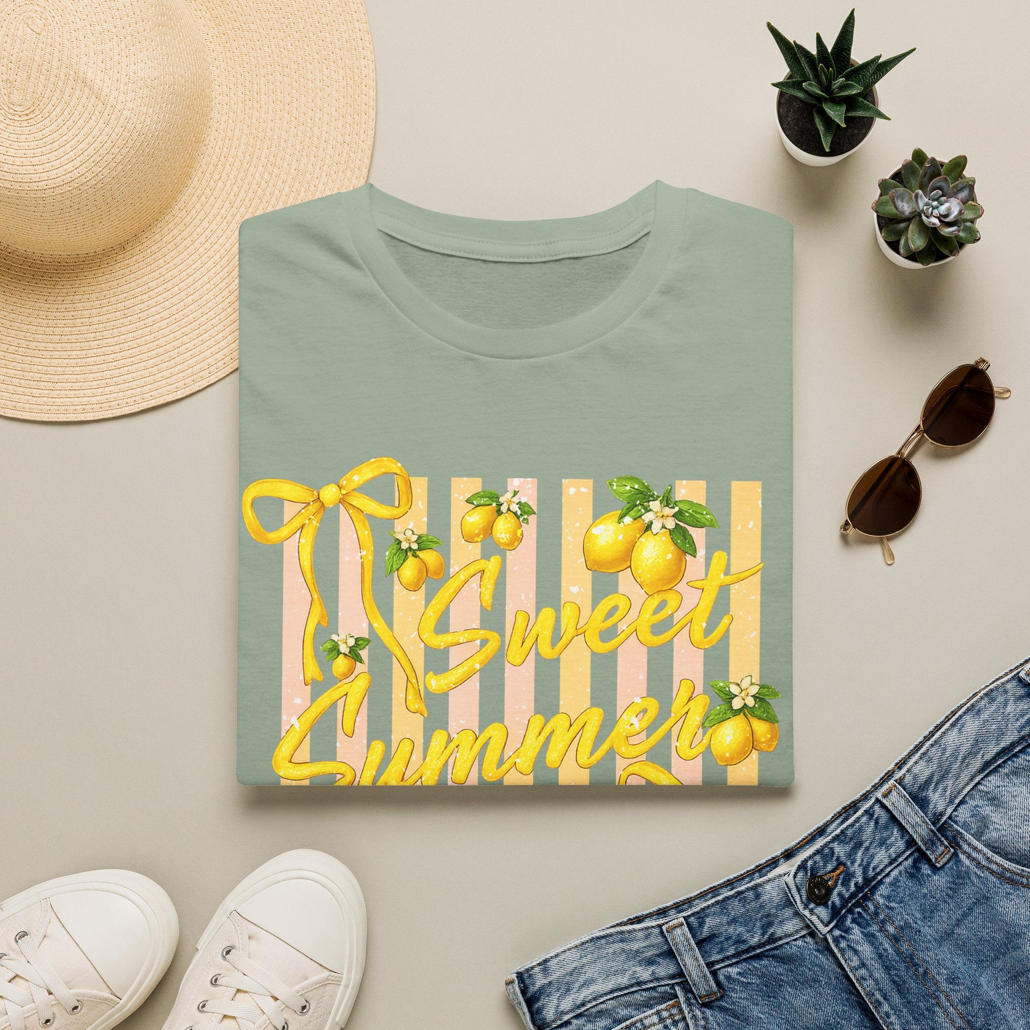 Sweet Summer Lemon Striped T-Shirt - Cute Bows Colorful Summer T-Shirt. Midnight Eye, LLC