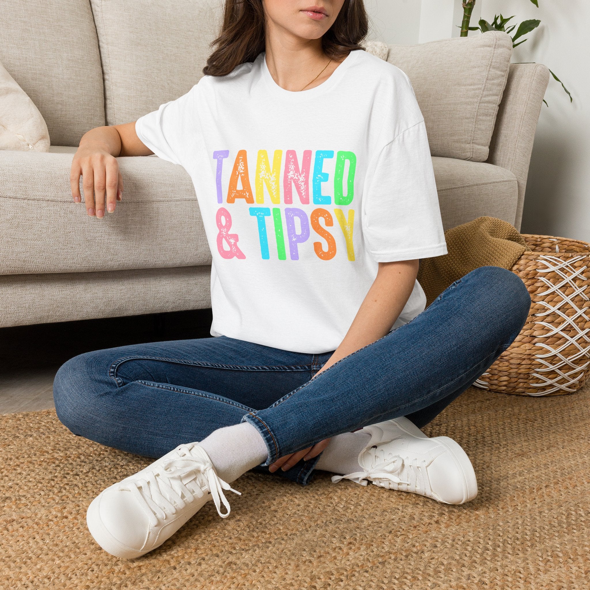 Tanned & Tipsy Beach Vacation T-Shirt - Colorful Vacation T-Shirt - Funny Summer Tee. Midnight Eye, LLC.