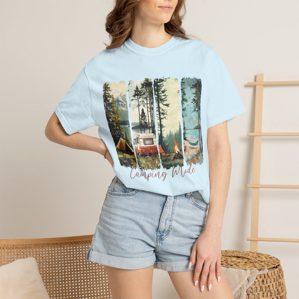 Camping Vibes T-Shirt — 'Camping Mode' Scenic Camper Retro Graphic Tee - Family Adventure Tee - Outdoor Tee. Midnight Eye, LLC