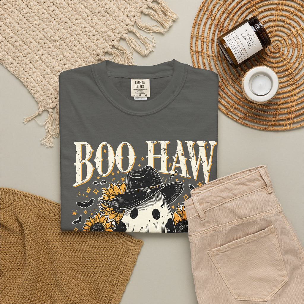 Boo Haw Ghost Tee — Sunflower Halloween T-Shirt - Spooky Western Tee. Midnight Eye LLC.