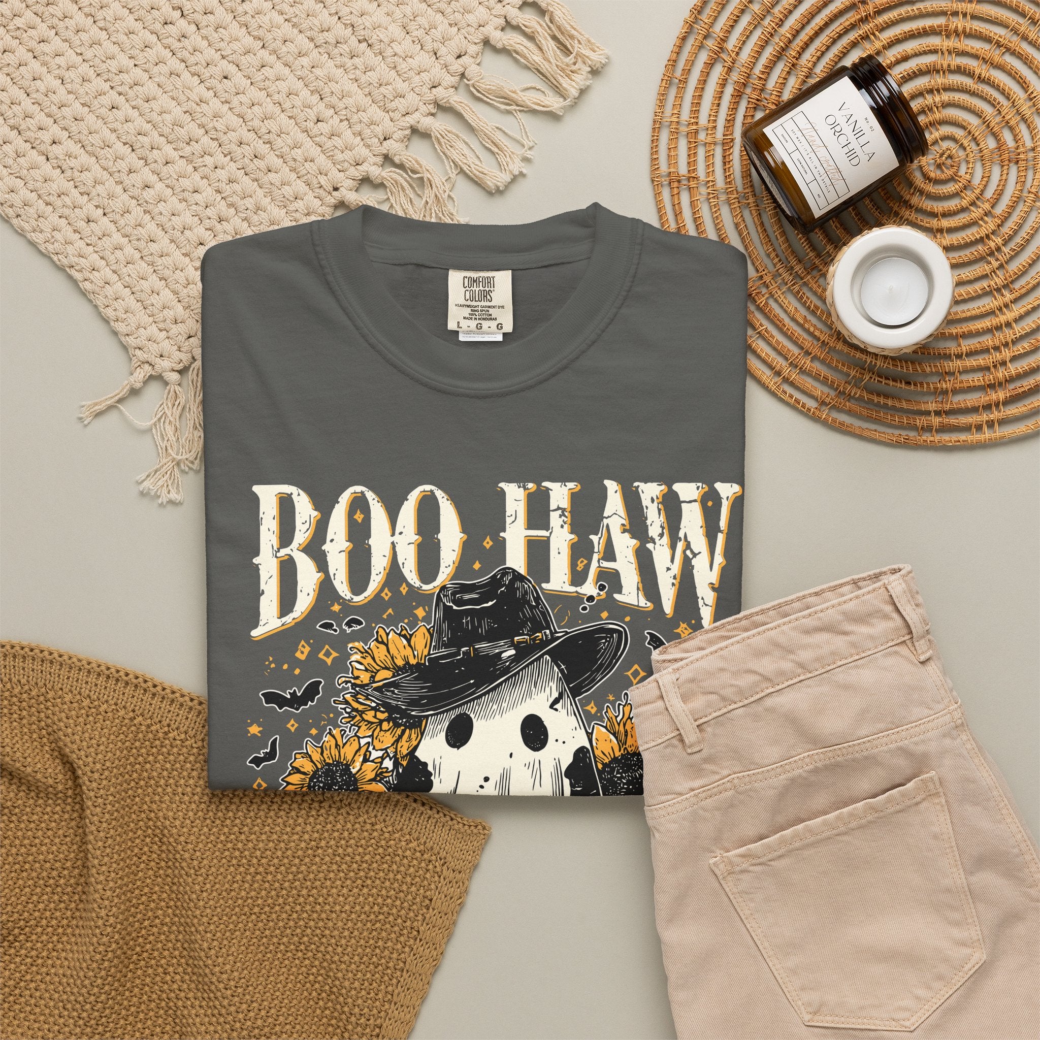 Boo Haw Ghost Tee — Sunflower Halloween T-Shirt - Spooky Western Tee. Midnight Eye LLC.