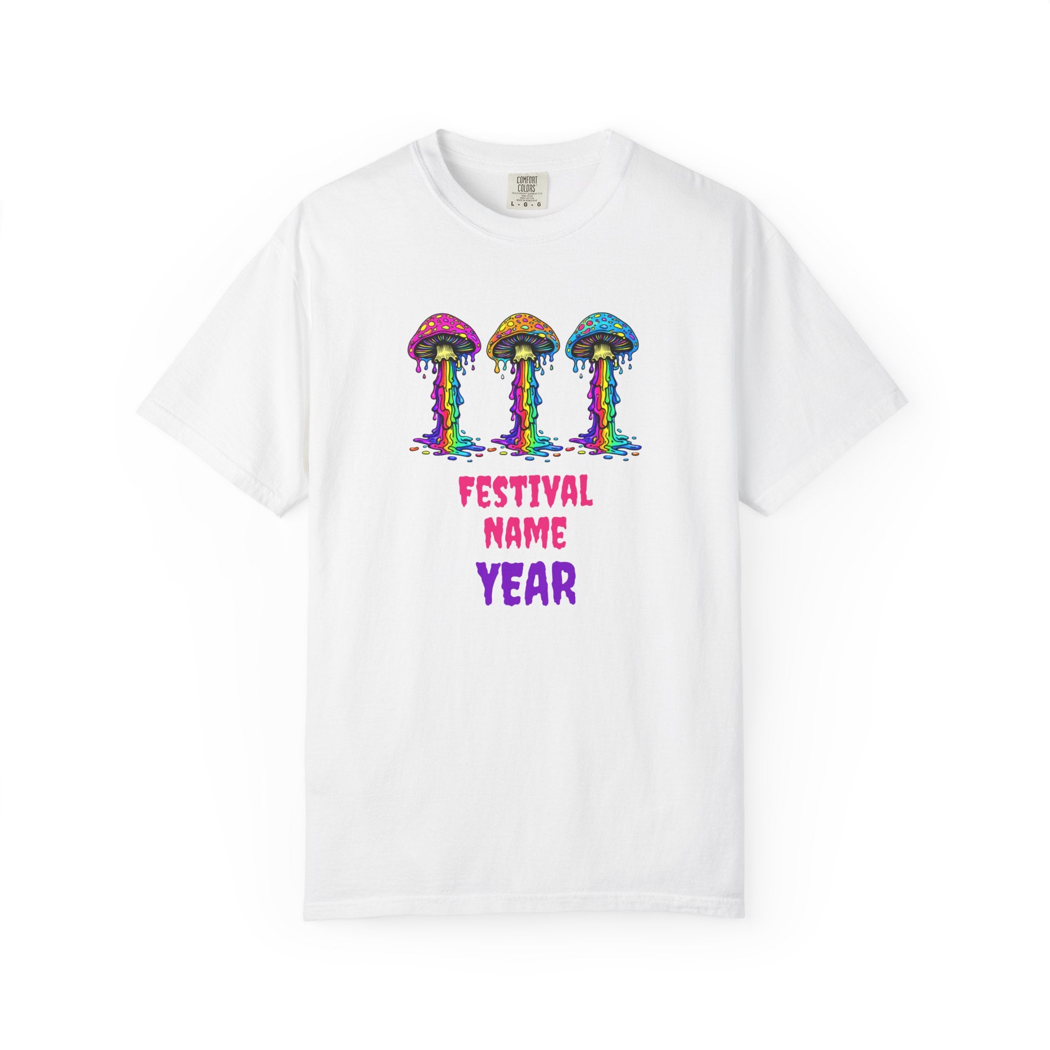 Personalized Rave Mushroom T-Shirt – Festival Tee. Enter Text and Year of Your Festival - Midnight Eye, LLC