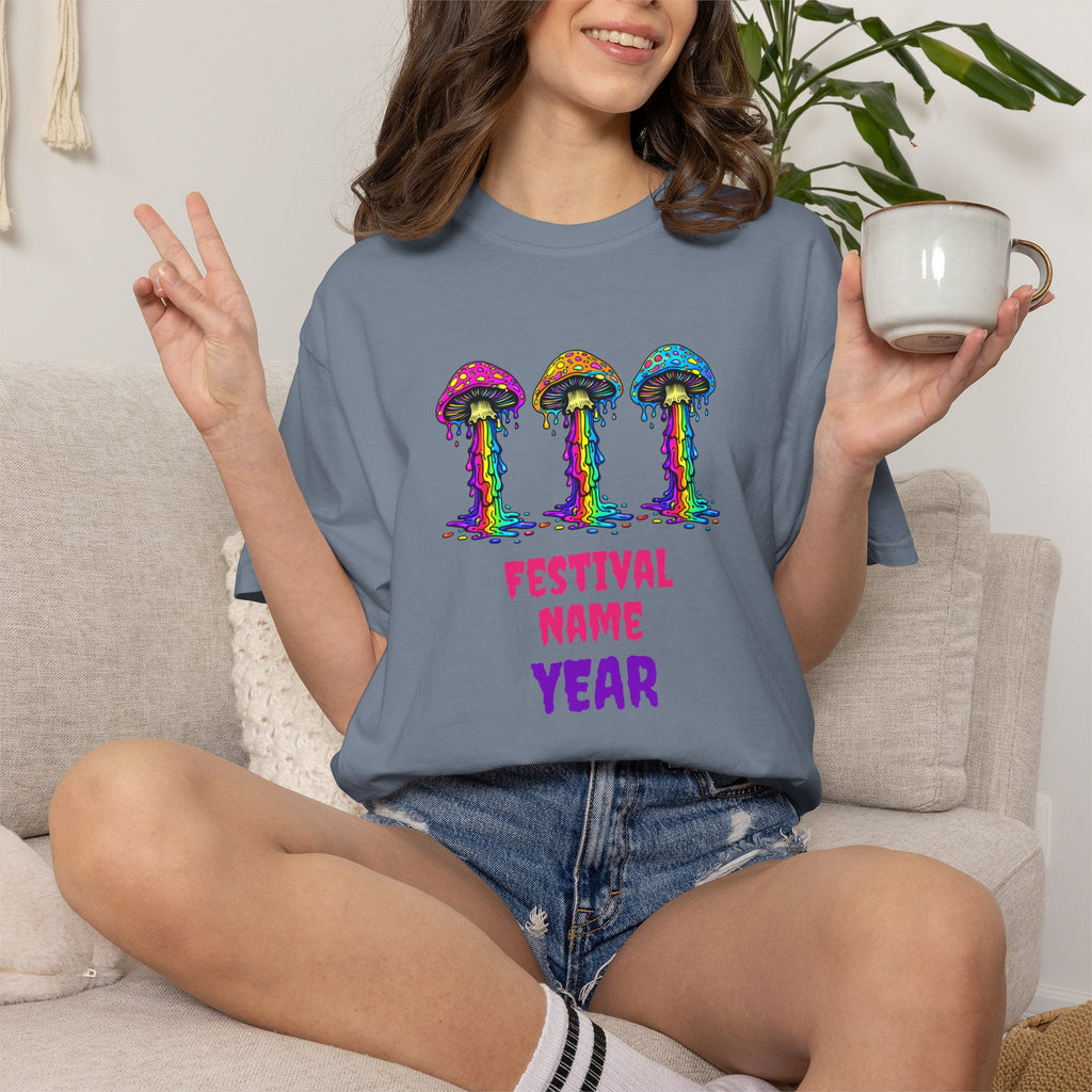 Personalized Rave Mushroom T-Shirt – Festival Tee. Enter Text and Year of Your Festival - Midnight Eye, LLC