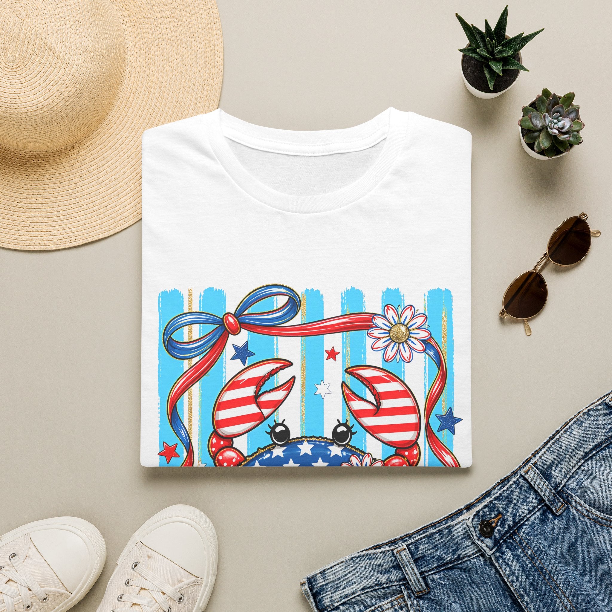 Patriotic Crab T-Shirt — American Flag Red White Blue Beach Tee Patriotic Crab T-Shirt — Preppy Cute and Funny Crab Tee. Midnight Eye, LLC.