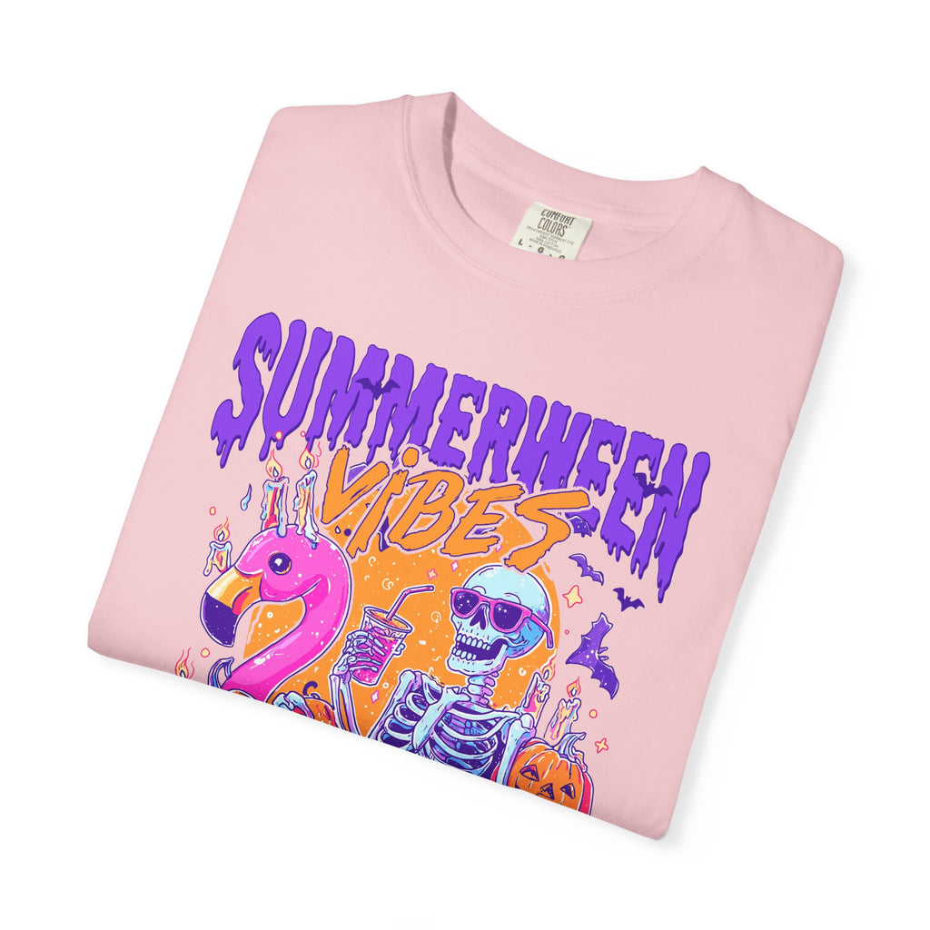 Summerween Vibes T-Shirt — Flamingo Pool Skeleton Halloween in Summer Tee - Midnight Eye, LLC