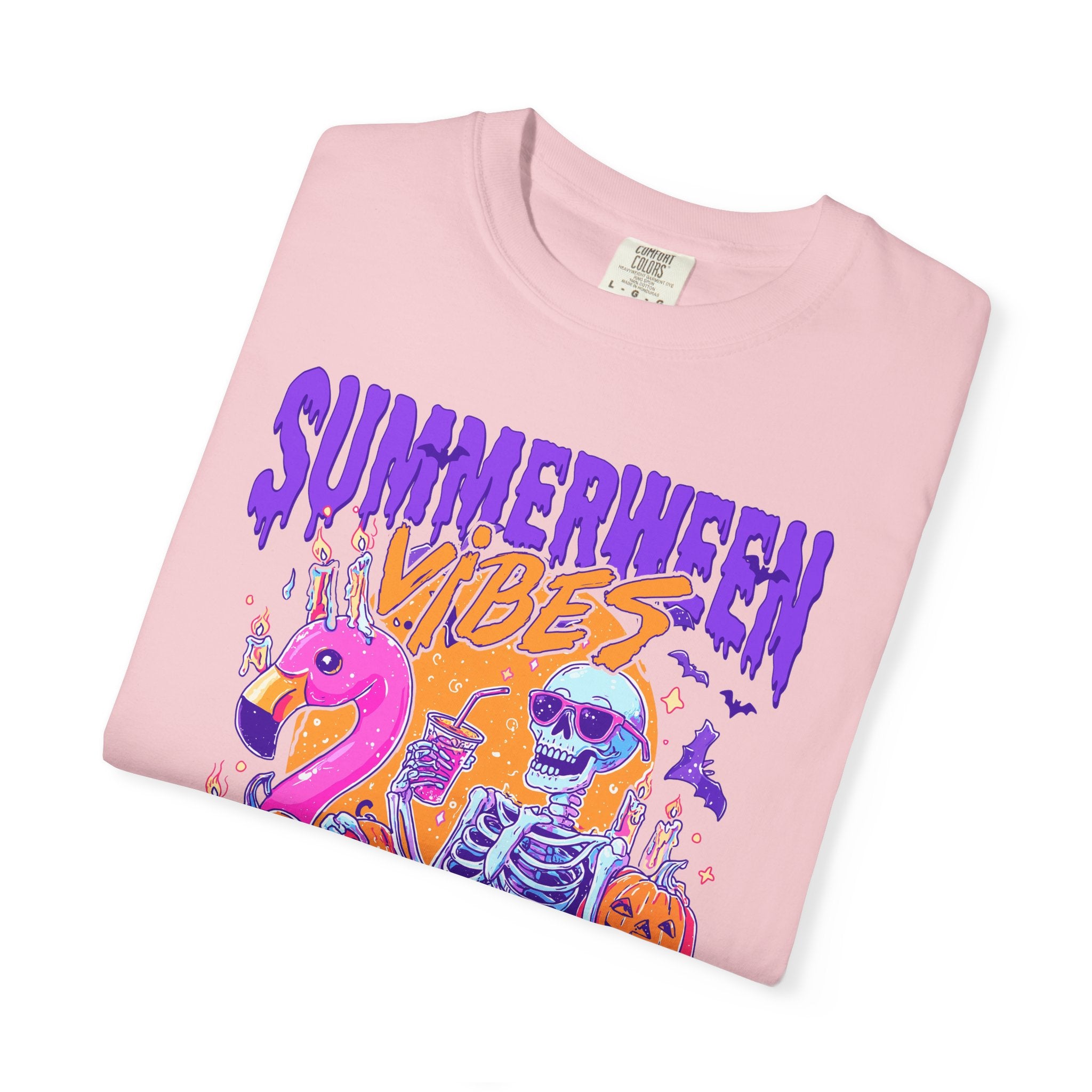 Summerween Vibes T-Shirt — Flamingo Pool Skeleton Halloween in Summer Tee - Midnight Eye, LLC