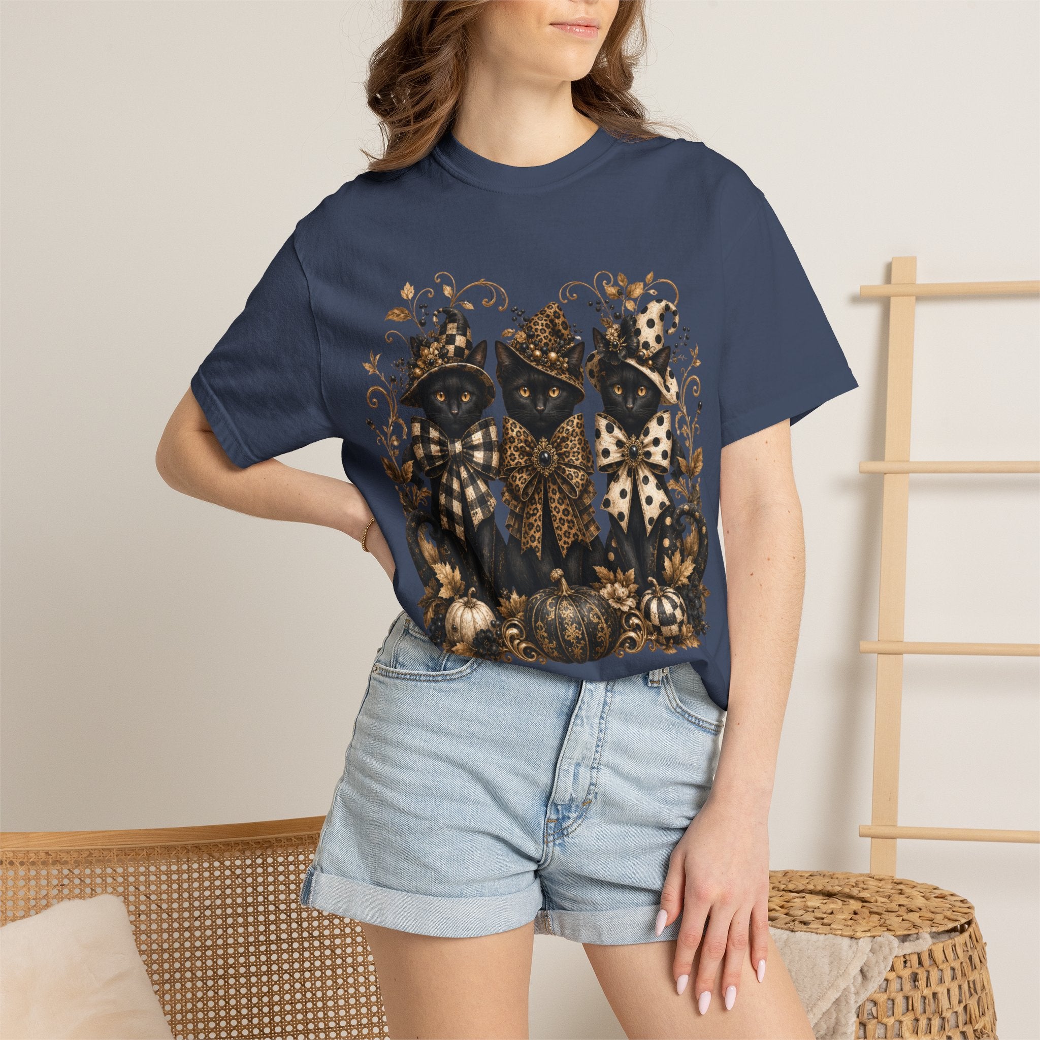 Halloween Black Cats & Pumpkins T-Shirt — Autumn Spooky Vintage Tee. Midnight Eye, LLC