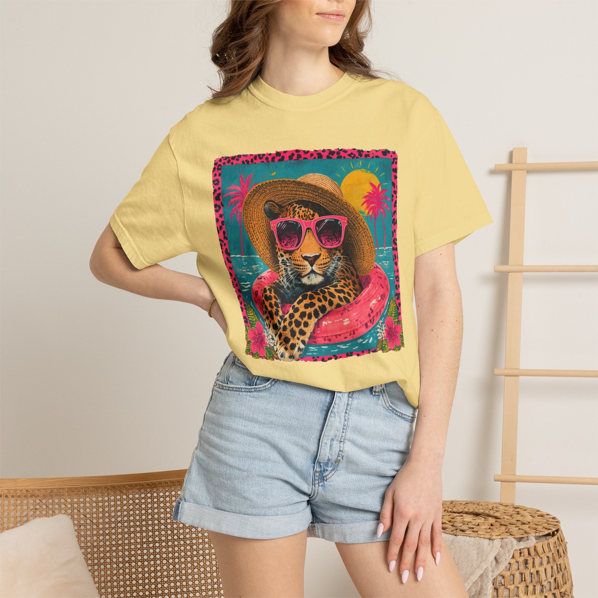 T-Shirt — Tropical Leopard in Sunglasses Summer Graphic - Sassy Vacation T-Shirt. Midnight Eye, LLC.