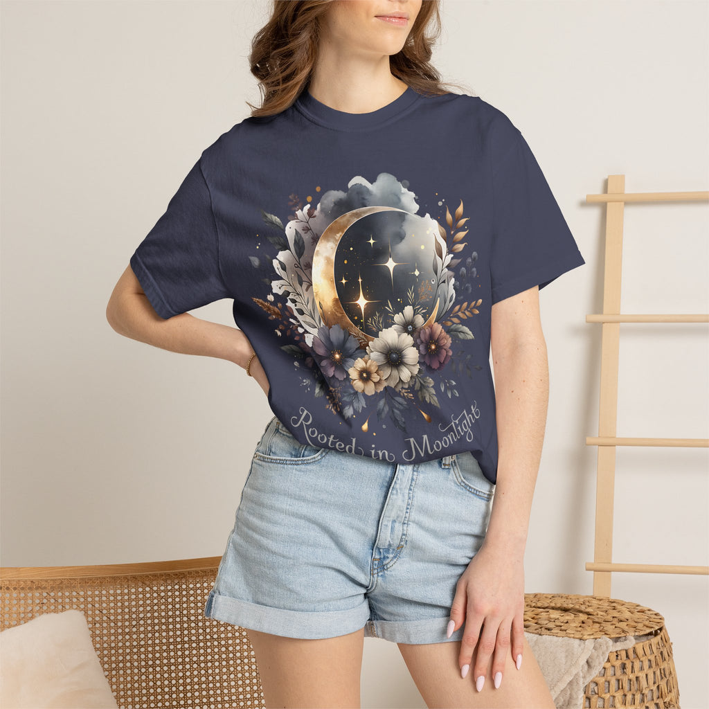 Moonlight Blooms T-Shirt — 'Rooted in Moonlight' Floral Crescent Moon Tee. Midnight Eye, LLC