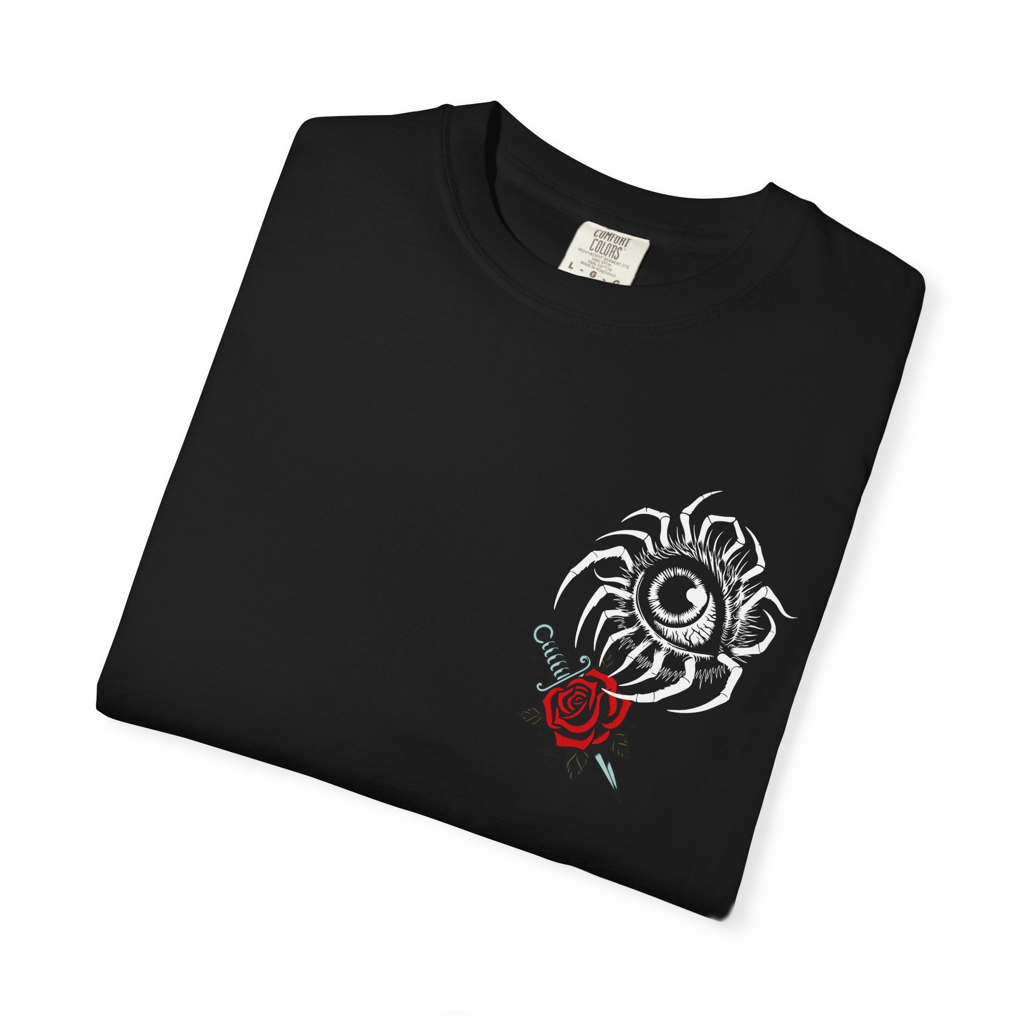 Skull & Red Rose Graphic T-Shirt — Midnight Rose Back Print - Eye T-Shirt - Mystical Tee - Dark Aesthetic Tee - Midnight Eye, LLC