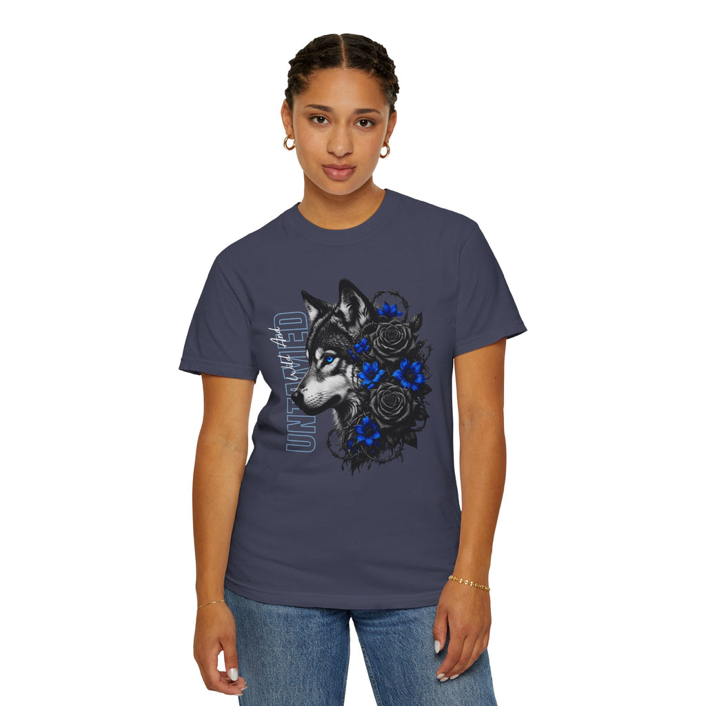 Wolf Floral T-Shirt — "Untamed" Graphic Tee with Blue & Black Roses. Midnight Eye, LLC.
