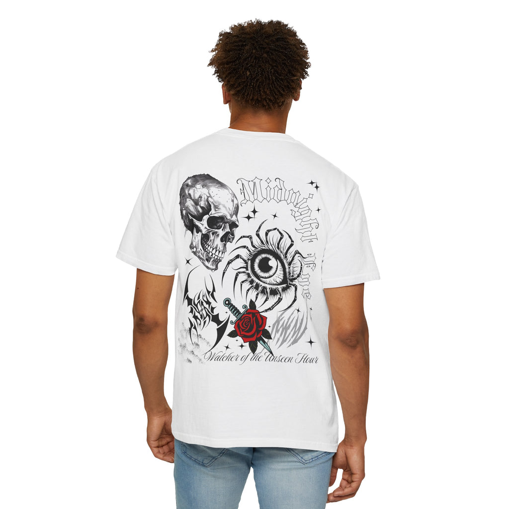 Graphic Skull & Red Rose Gothic T‑Shirt - Edgy Streetwear T-Shirt - Vintage Tee - Dark Aesthetic Tee - Midnight Eye, LLC