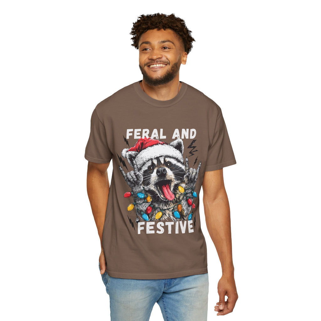 Feral and Festive Funny Raccoon Christmas T-Shirt - Racoon Graphic T-Shirt