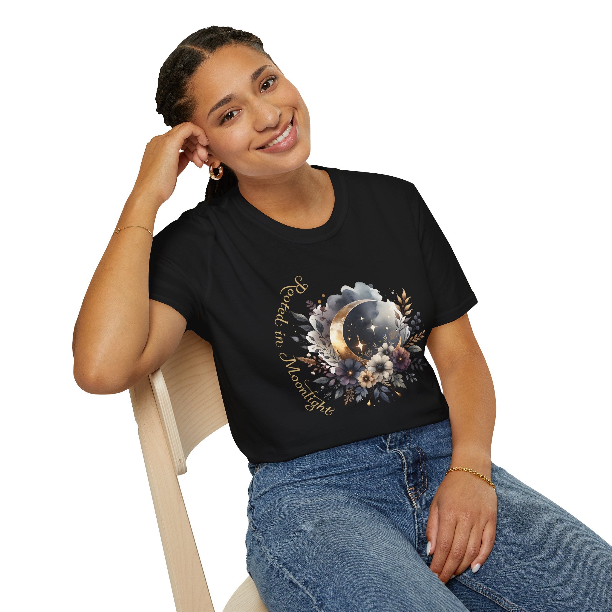 Moonlight Floral T-Shirt — 'Rooted in Moonlight' Celestial Floral Graphic Tee - Mystical Tee - Midnight Eye, LLC