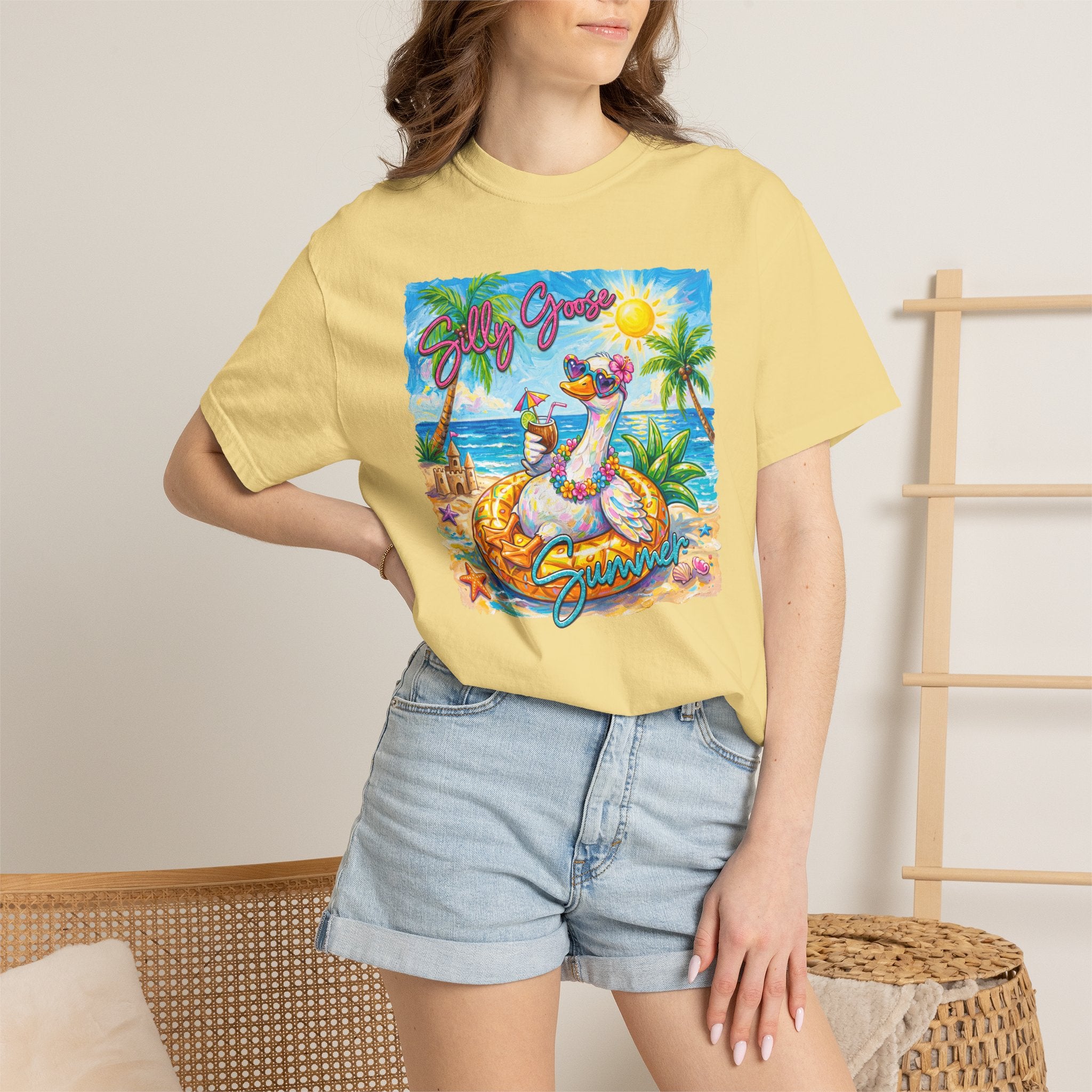 Silly Goose Summer T-Shirt - Colorful Summer Girl Tee - Beach Tee - Tropical T-Shirt - Midnight Eye, LLC