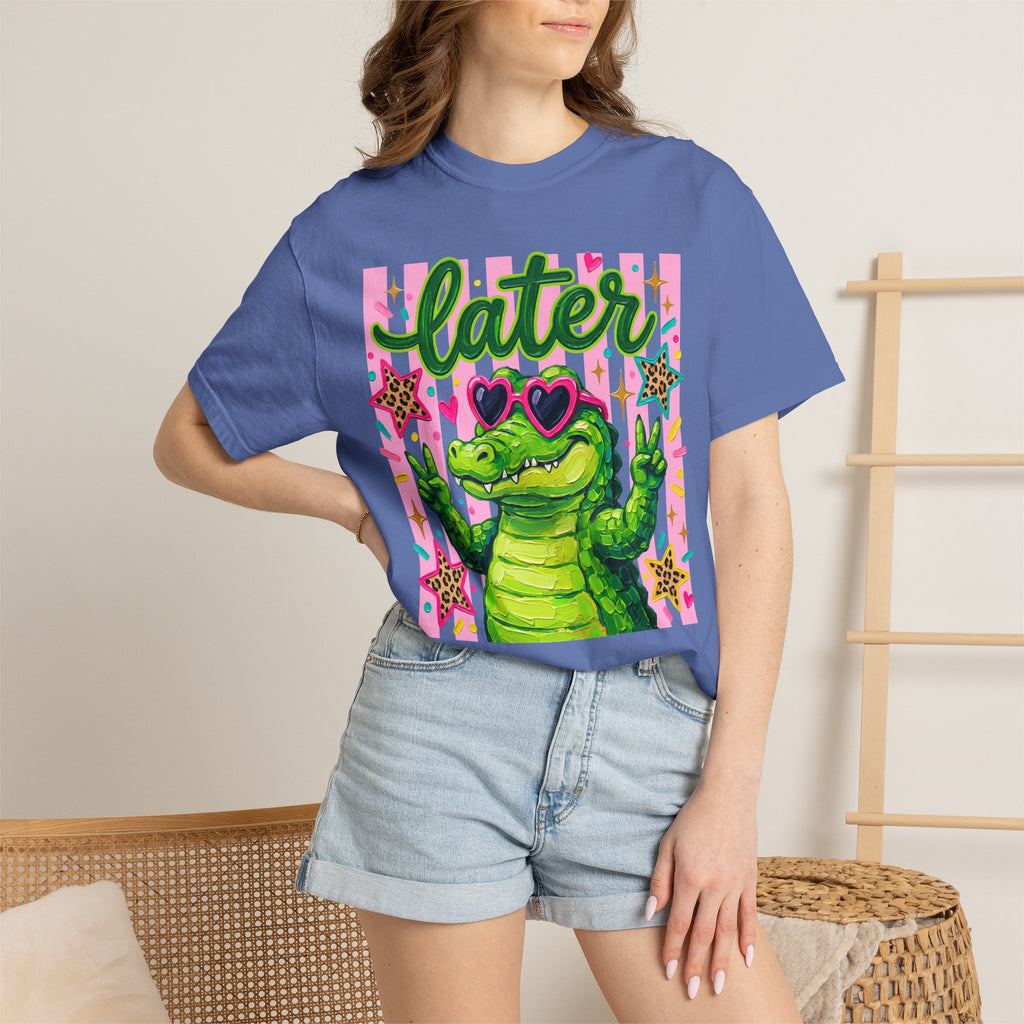Funny Coquette Faux Brushstroke Stripped T-Shirt - Funny Alligator with Sunglasses Tee